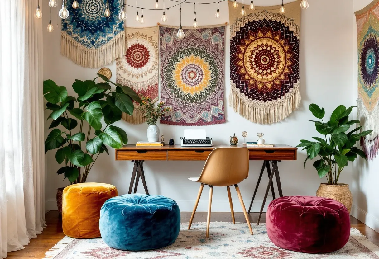 This bohemian office exudes a warm, eclectic charm that combines creativity and comfort. The space is adorned with vibrant mandala tapestry art that adds a splash of color and pattern to the walls, creating an inviting and inspiring atmosphere. A collection of Edison-style light bulbs suspended across the top infuses the room with a soft, ambient glow. This mixture of natural light and soft illumination enhances the warm wood tones of the mid-century modern desk, providing an ideal setting for artistic endeavors or contemplative work.

The decor includes plush, velvety poufs in rich jewel tones, which add a cozy, laid-back seating option. Lush potted plants are strategically placed to bring elements of nature indoors, complementing the earthy tones found throughout the room. A sleek wooden chair invites functionality and style, while the rug’s intricate patterns anchor the space with a sense of unity and creativity. This bohemian office is the perfect blend of artistic expression and inviting warmth, ideal for those who thrive in an imaginative and relaxed environment.