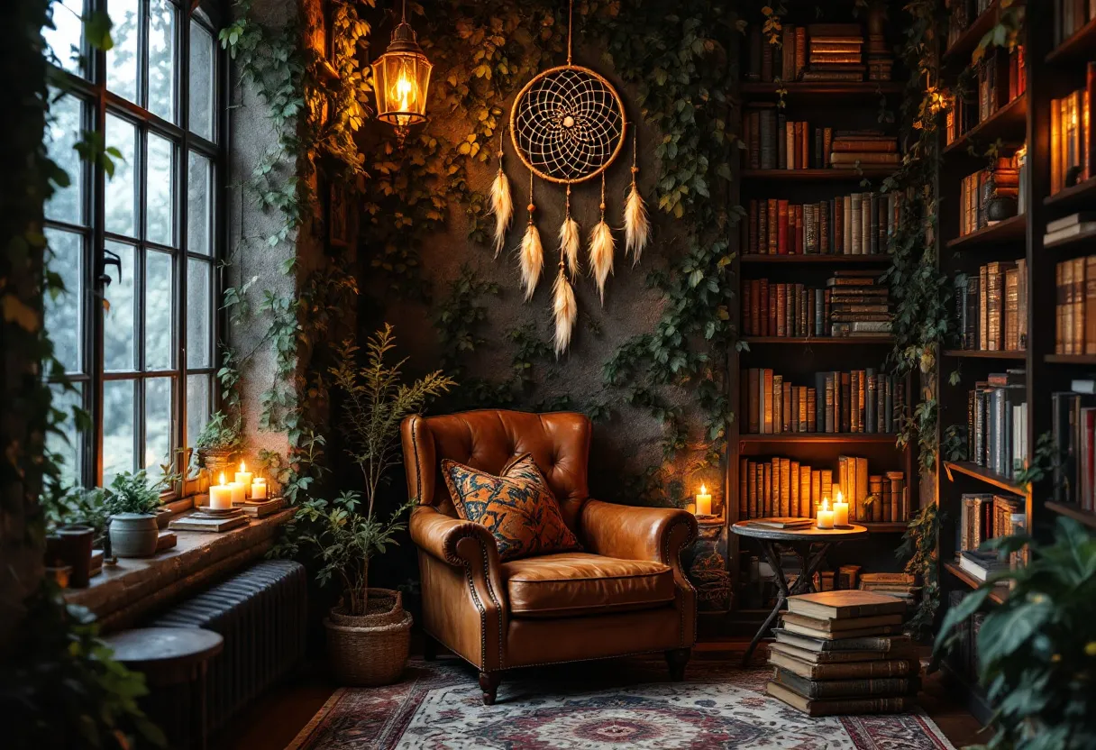 This bohemian office exudes a warm and inviting atmosphere, characterized by its eclectic and artistic presentation. A large, comfortable leather armchair adorned with a patterned pillow sits prominently in the room, offering a perfect spot for reading or reflection. Surrounding the chair are stacks of books and a rich assortment of shelved volumes, suggesting an environment that encourages exploration of ideas and creativity. The abundance of greenery, with plants placed strategically on the windowsill and around the space, adds a fresh and calming touch, blending seamlessly with the rustic elements.

The natural light filtering through the large window is complemented by the soft glow of candles placed around the room, enhancing the cozy and intimate setting. A dreamcatcher hangs from the ceiling, infusing a touch of whimsy and cultural richness into the space. The overall ambiance is that of a retreat, where one can escape the daily hustle and unwind in a haven of tranquility and inspiration. The choice of decor and furnishings captures the essence of bohemian style, emphasizing comfort, natural elements, and an uncurated elegance that speaks to individuality and freedom of expression.