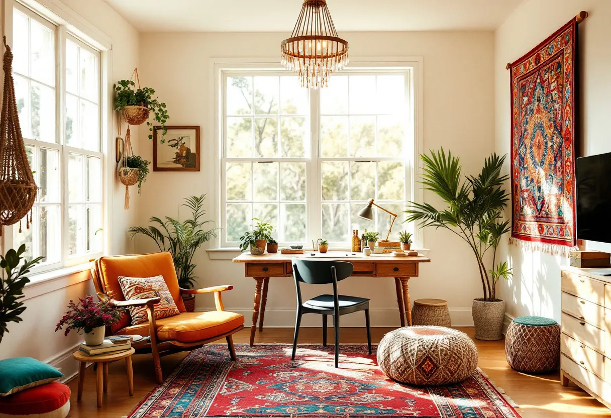 This bohemian office exudes a warm, eclectic vibe with its vibrant mix of colors and textures. The space is anchored by an inviting mustard-colored chair that adds a pop of warmth against the clean lines of the wooden floor. Rich, colorful textiles, such as the intricate red and blue rug, contribute to the overall bohemian aesthetic, creating a cozy and relaxed atmosphere. Natural light floods the room through large windows, enhancing the lush greenery of the various plants scattered throughout the space. The greenery not only adds life to the office but also creates a serene and nature-inspired environment.

The office features a wooden desk situated in front of the windows, offering a perfect spot for reflection and productivity. This is complemented by a blend of rustic and contemporary elements, such as the vintage-style table lamp and the sleek black chair. Hanging planters and a woven tapestry on the wall showcase the bohemian penchant for artistic, global-inspired decor. The addition of woven poufs and soft pillows scattered around the floor invites relaxation and informal gatherings, emphasizing the space’s function as both an office and a place of comfort.