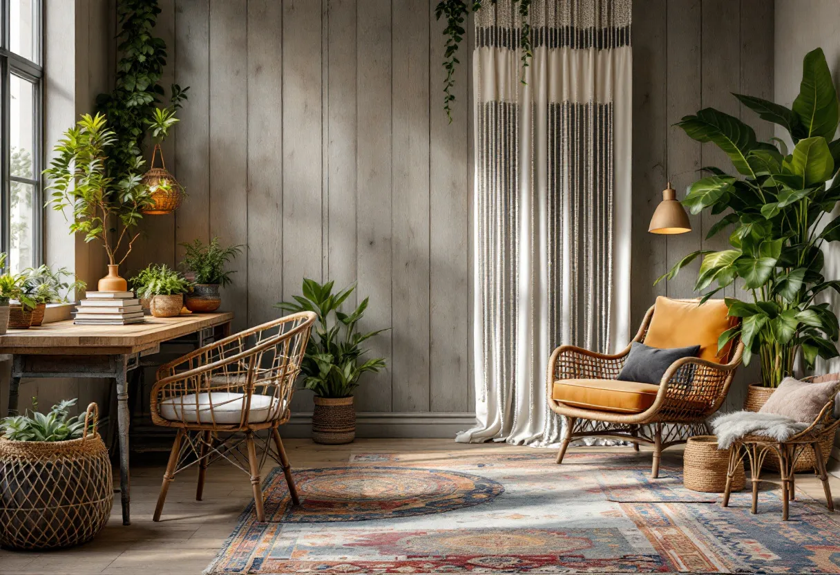 This bohemian office exudes a relaxed, eclectic vibe with its mixture of natural textures and vibrant greenery. The space is adorned with a variety of plants, each adding a lush touch of life and color against the neutral tones of the wooden panel walls. A cozy rattan chair with a mustard cushion is paired with a fur-draped ottoman, offering an inviting spot to relax or brainstorm. The woven baskets and pendant lights enhance the earthy, laid-back ambiance, fostering a sense of serenity and inspiration.

The workspace features a sturdy wooden desk surrounded by books and plants, reflecting a harmonious blend of work and leisure. The presence of a large, intricately patterned rug adds warmth and an artistic flair to the floor, while the macramé curtains bring a touch of bohemian elegance, allowing soft, natural light to filter in. Every element in the office seems thoughtfully chosen to create a harmonious, free-spirited environment that encourages creativity and tranquility.