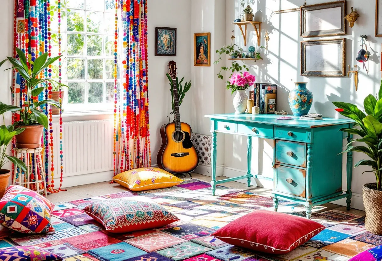 This bohemian office exudes a vibrant and eclectic atmosphere, characterized by a delightful blend of colors and textures. The room features a bright teal desk, which serves as a focal point against the white walls. The desk is adorned with decorative items, such as a beautiful floral vase and an array of books, adding personal and artistic touches. The inclusion of plants, both on the desk and in the corners of the room, brings a sense of nature and freshness, enhancing the bohemian aesthetic.

Colorful elements are woven throughout the office, with a multicolored rug and cushions scattered across the floor, creating a cozy and inviting seating area. The curtains, adorned with vivid, multicolored beads, allow sunlight to diffuse through, casting playful patterns of light and shadow. Wall art and hanging decorations add to the creative and free-spirited vibe. The presence of a guitar leaning against the wall suggests a space that encourages creativity and relaxation, making this office a perfect sanctuary for inspiration and work.