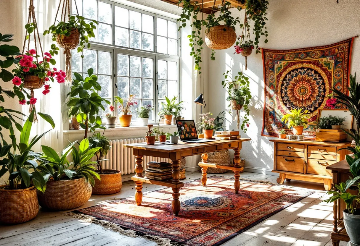 This bohemian office exudes a sense of warmth and creativity, blending natural elements with artistic touches. Sunlight floods the space through large windows, illuminating the vibrant greenery that thrives in every corner. Various plants, each in a unique pot, hang from the ceiling and rest on surfaces, contributing to an atmosphere that feels both refreshing and serene. The room’s furnishings, such as the wooden desk and cabinet, add a rustic charm that complements the lush greenery. 

The heart of the office is further enhanced by a colorful, intricately designed tapestry on the wall, imparting a sense of cultural depth and personal expression. The rich tones of the rug underneath the desk echo the hues of the tapestry, unifying the space with a cohesive color palette. Overall, the combination of greenery, natural light, and eclectic decor creates a bohemian sanctuary that invites both relaxation and inspiration.