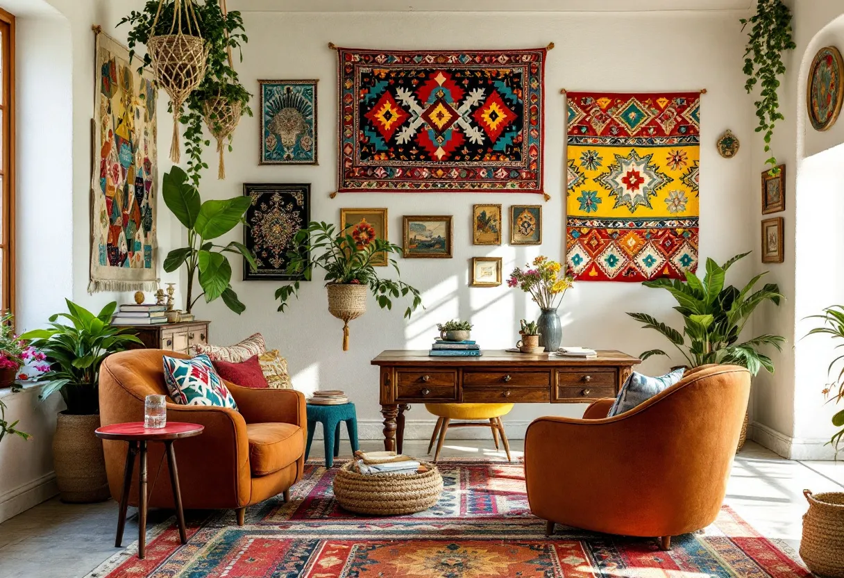 This bohemian office exudes a warm and vibrant atmosphere, characterized by its rich tapestry of colors and textures. The walls are adorned with an eclectic mix of woven textiles and framed artwork, featuring intricate patterns and bold, lively hues such as reds, yellows, and blues, adding a sense of cultural flair and artistic expression. A variety of lush green plants are strategically placed throughout the room, bringing a touch of nature inside and enhancing the room’s organic, relaxed vibe. The space is furnished with a mix of vintage and modern pieces, including a classic wooden desk and inviting, plush chairs in warm, earthy tones, which add to the room’s cozy and welcoming feel.

The use of textiles extends to the floor, where a vibrant area rug ties the room together and adds to the layered, inviting ambiance. The seating area, complete with patterned pillows, encourages relaxation and creativity, making it an ideal spot for both work and leisure. Natural light filters in through large windows, highlighting the room's vibrant colors and textures, while the arrangement of decorative elements creates a harmonious balance between functionality and aesthetic appeal. This bohemian office is not only a workspace but also a personal sanctuary that inspires creativity and tranquility.