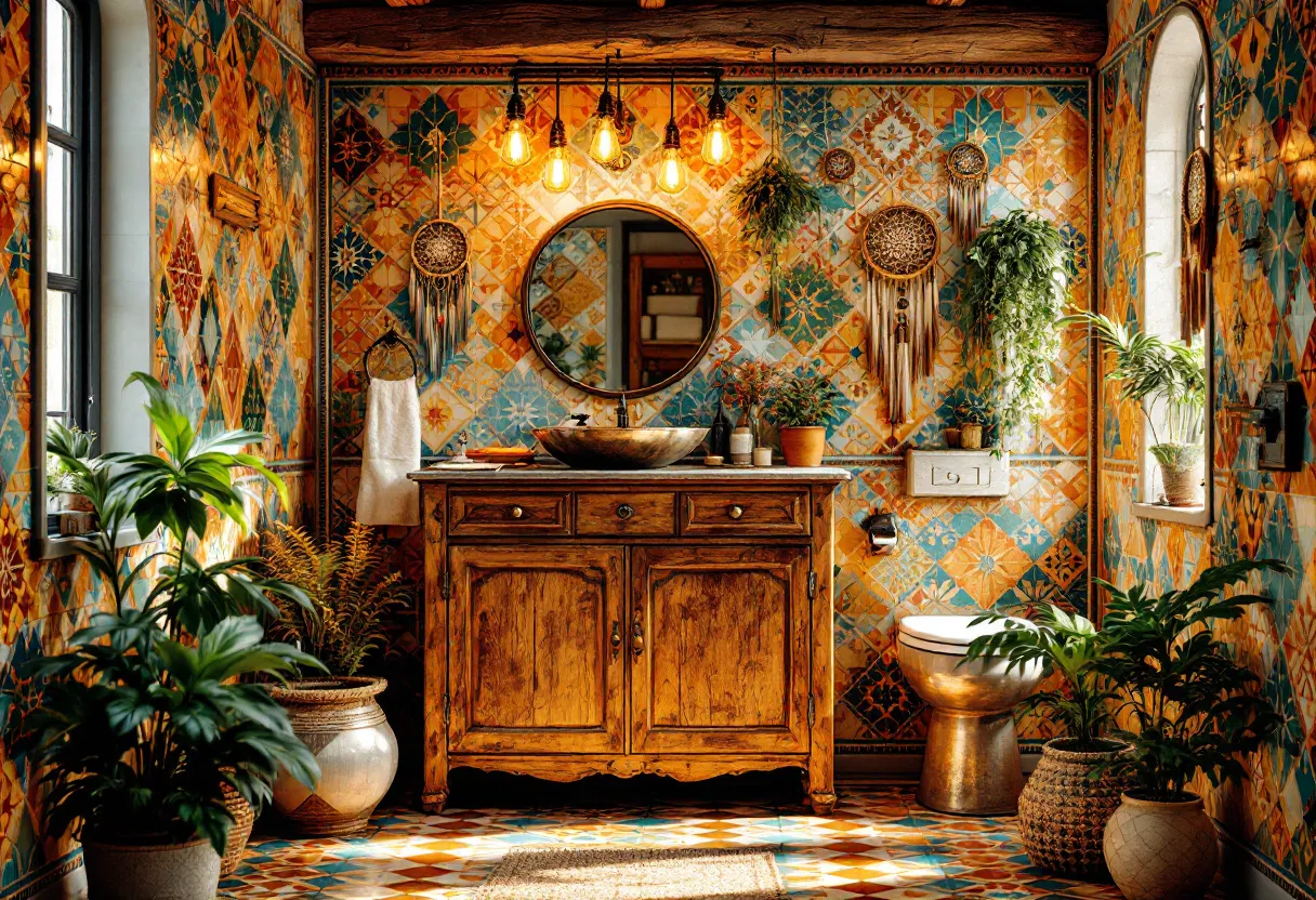 This boho bathroom exudes a vibrant and eclectic charm, characterized by its colorful tiled walls featuring a mix of intricate geometric patterns. The tiles' warm tones of orange, blue, and green create a lively yet harmonious atmosphere. A rustic wooden vanity serves as the centerpiece, topped with a stylish stone basin. Above it, a round mirror is flanked by hanging lightbulbs with exposed filaments, adding warmth and an industrial edge to the space.

The bathroom is adorned with bohemian elements, including dreamcatchers and potted greenery, which enhance its natural and free-spirited vibe. The lush plants placed throughout contribute to a sense of freshness and tranquility. The variety of textures—from the smooth pottery of the plant holders to the rough-hewn wooden beams overhead—adds depth and interest to the space, celebrating the essence of bohemian design.