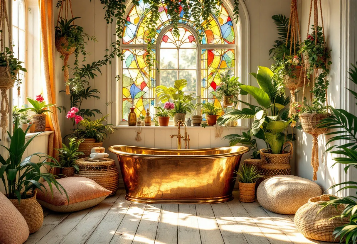 This boho bathroom exudes a serene and luxurious vibe, with a striking copper bathtub at its center, reflecting warm light that adds to the calming atmosphere. The stained glass window behind the tub is a kaleidoscope of colors, casting enchanting patterns that dance across the room. A variety of lush plants, in woven baskets and pots, surround the space, enhancing the natural and earthy feel. The greenery not only provides a fresh, organic element but also complements the stained glass with vibrant hues.

Soft cushions in muted tones are scattered across the wooden floor, inviting relaxation and comfort. Hanging plants add an element of height and movement, maximizing the use of vertical space. The overall design blends elements of bohemian style with a touch of elegance, creating a sanctuary that feels both intimate and expansive. This harmonious mix of textures and colors creates an inviting ambiance, perfect for unwinding and rejuvenating.