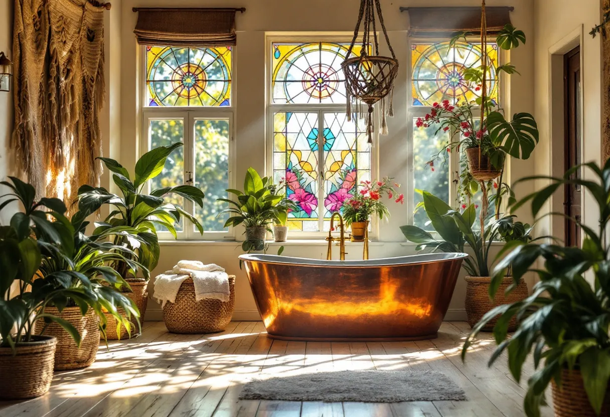 This boho bathroom exudes warmth and tranquility, featuring a stunning amalgamation of natural elements and artistic touches. Dominating the space is a luxurious freestanding bathtub with a rich, copper finish that reflects the room’s light, creating an inviting glow. Surrounding the tub are vibrant green plants in woven baskets, which bring a fresh, organic feel to the environment. The wooden floor complements the greenery and copper tones, enhancing the earthy, grounded vibe typical of bohemian design. 

Above the bathtub, colorful stained glass windows cast beautiful patterns of light across the room. The intricate designs add a layer of artistic flair, reflecting the eclectic nature of boho style. A macramé wall hanging adds texture and warmth, while a woven basket with plush towels suggests comfort and relaxation. A hanging woven light fixture adds to the ambiance, tying the various elements together into a cohesive, inviting space perfect for unwinding.