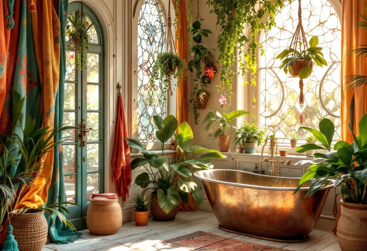 This boho bathroom exudes a warm and inviting atmosphere, characterized by its eclectic mix of textures and vibrant colors. At the heart of the space is a striking copper bathtub that adds a touch of rustic elegance. The bath area is surrounded by an array of lush, green plants, which bring a sense of nature indoors and enhance the bohemian vibe. The plants are varied in height and type, adding depth and interest to the space. Large, ornate windows allow ample natural light to flood the room, illuminating the vibrant colors of the hanging plants and the rich tones of the bath.

The walls feature intricate stained-glass windows that add a touch of artistry and charm, casting colorful reflections throughout the bathroom. Draped fabrics in bold shades of orange and teal add a layer of coziness and create a dynamic contrast against the more muted tones of the floor and walls. Wicker and woven elements, such as baskets and a small stool, contribute to the natural and organic feel, reinforcing the boho aesthetic. The overall atmosphere is one of tranquility and harmony, making it a perfect retreat for relaxation and rejuvenation.