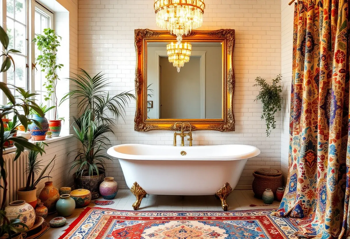 This boho bathroom exudes an eclectic and vibrant charm that captures the essence of bohemian style. Centered around a classic white clawfoot tub with ornate golden feet, the room beautifully balances vintage elegance with a cozy, relaxed atmosphere. The tub is complemented by an opulent, gold-framed mirror that reflects the warm light from a stunning crystal chandelier above, adding a touch of luxury to the space.

Surrounding the bathtub are lush green plants in a variety of colorful and patterned pots, bringing a lively, natural element to the room. The floor is adorned with a richly colored, intricate rug that introduces a bold and artistic flair. A patterned curtain on one side adds texture and warmth, enhancing the bathroom’s inviting and comfortable vibe. This boho bathroom combines textures, colors, and elements of nature to create a space that feels both personal and creatively inspiring.