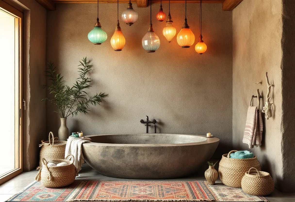 This boho bathroom exudes an atmosphere of relaxation and earthy elegance. The smooth, stone-like bathtub serves as the central focal point, with its natural texture harmonizing seamlessly with the room's muted, earthy color palette. Above the tub, a variety of hanging pendant lights in warm tones create a welcoming and cozy ambiance. These lights add a splash of color and artistic flair, contributing to the eclectic bohemian style.

Incorporating natural elements, the bathroom features woven baskets that not only provide functional storage but also enhance the organic feel of the space. A vibrant rug with intricate patterns lies at the foot of the bathtub, adding warmth and character to the floor. Complementing the overall design, a leafy green plant in a simple vase introduces a touch of nature, infusing the room with a sense of freshness. The understated wall decor, including a rustic towel holder, ties the space together, giving it a laid-back yet thoughtfully curated vibe.