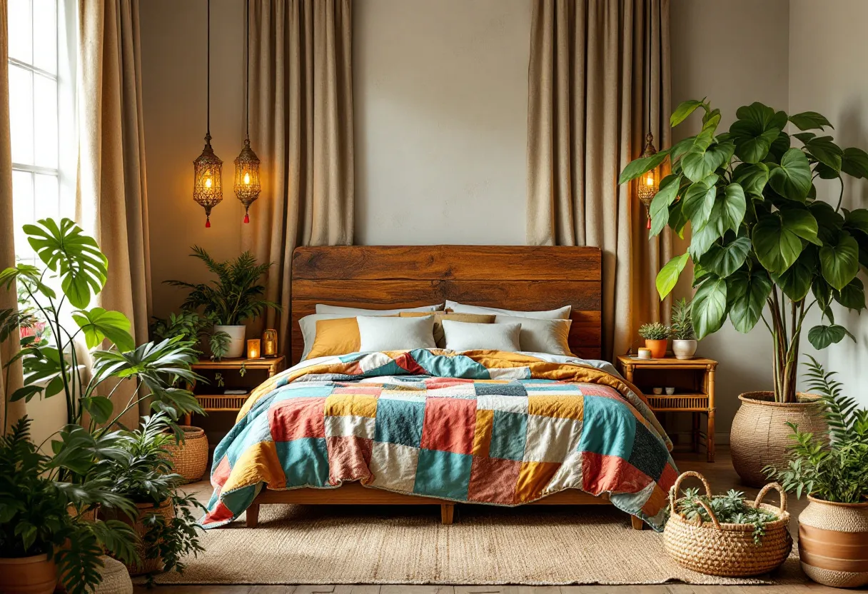 This boho bedroom exudes a warm and inviting atmosphere, characterized by its harmonious blend of natural elements and vibrant textiles. The focal point is the large wooden headboard, which anchors the space with its rustic aesthetic. Above, two intricately designed hanging lamps cast a soft, ambient glow, enhancing the cozy ambiance. The bed itself is adorned with a vibrant patchwork quilt, featuring an array of rich colors such as teal, mustard, and coral, adding a lively contrast to the otherwise neutral room.

Flanking the bed are lush green plants, which bring a touch of nature indoors, complementing the earthy tones of the rug and wooden furniture. A variety of potted plants are strategically placed around the room, adding texture and life. The soft, flowing curtains frame the window, allowing natural light to filter through, creating a serene and airy environment. The combination of natural materials and eclectic touches embodies the bohemian spirit, making this bedroom a perfect retreat.