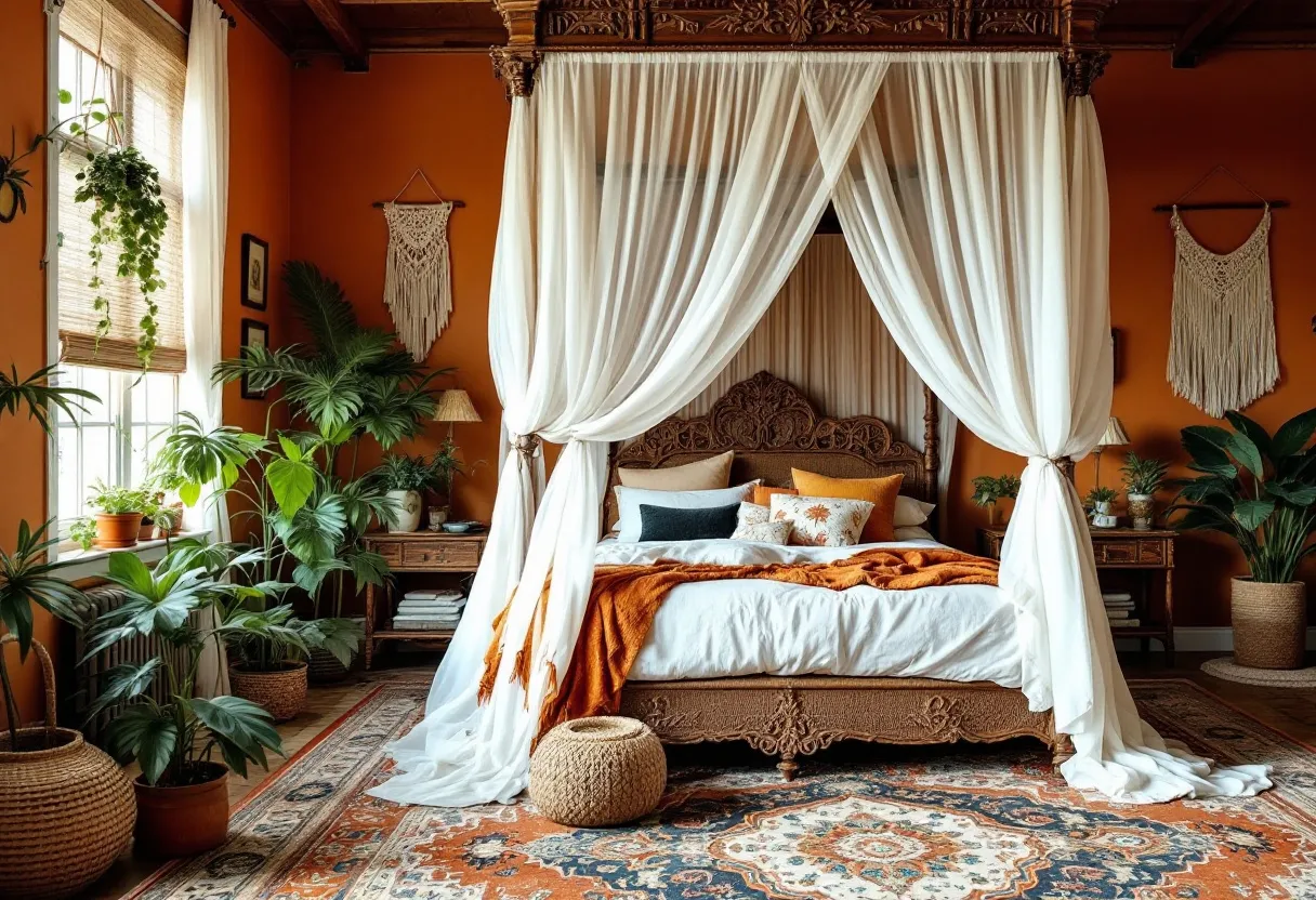 This boho bedroom exudes warmth and comfort with its rich, earthy tones and natural elements. The walls are painted in a warm terracotta color, creating a cozy atmosphere that is enhanced by the abundance of lush green plants scattered throughout the room. The bed is the focal point, featuring an intricately carved wooden frame and draped with light, flowing white curtains. The bedding includes a variety of textured pillows in muted earth tones and an orange throw, adding layers of inviting softness.

Strategically placed around the room, the plants bring in a sense of tranquility and life, while woven baskets and macramé wall hangings contribute to the bohemian vibe. A plush, patterned Persian rug under the bed adds a touch of luxury and ties together the diverse elements of the space. Natural light floods in from the windows, softening the room's features and highlighting the textures and colors, making this bedroom a serene retreat.