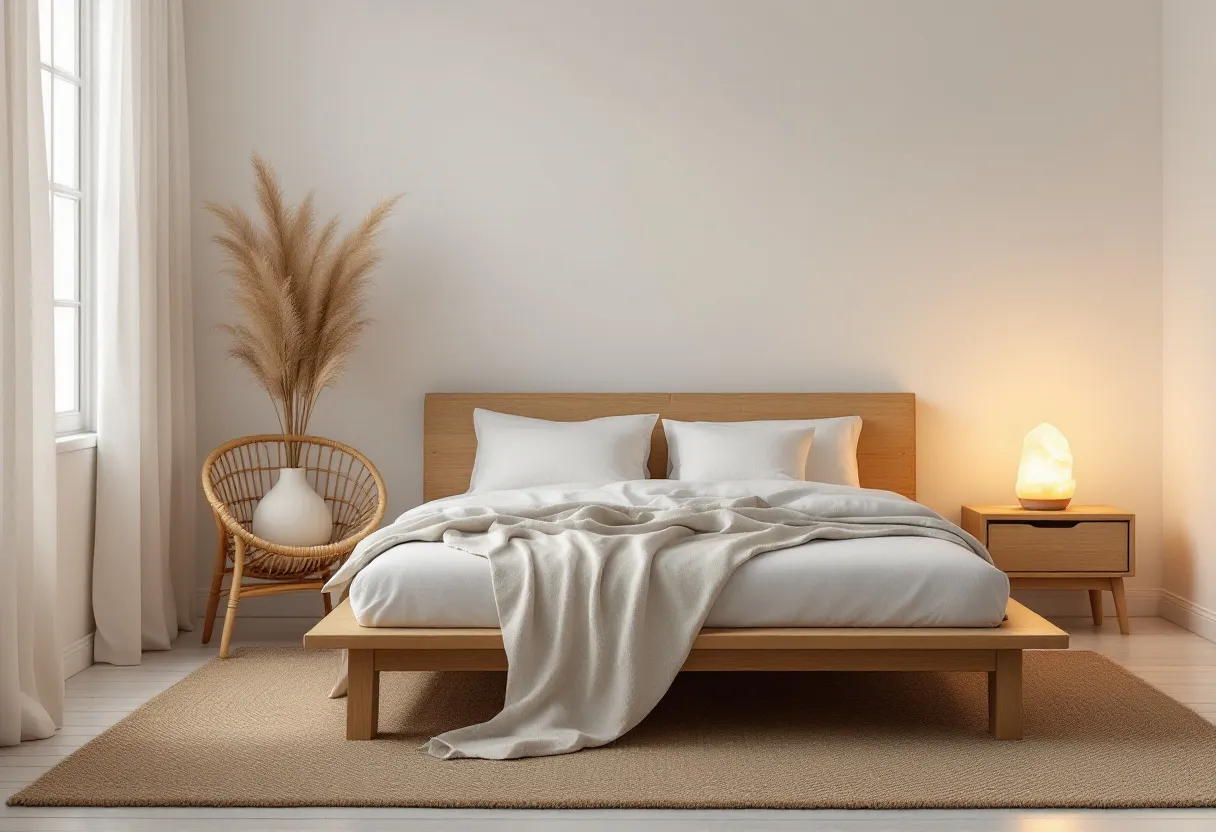 This boho bedroom exudes a serene and earthy atmosphere, emphasizing neutral tones and natural textures. The bed, with its simple wooden frame and headboard, forms the focal point of the room. Soft, white bedding complemented by a draped off-white throw adds layers and invites relaxation. A woven, beige rug beneath the bed enhances the room’s warmth, echoing the earthy palette.

To the left of the bed, a unique chair with a wooden frame holds a large decorative vase filled with pampas grass, adding a touch of organic elegance. On the right, a bedside table supports a softly glowing lamp, casting a warm light that contributes to the cozy ambiance. The large window with flowing white curtains ensures the room is filled with gentle natural light, reinforcing the bohemian theme with its emphasis on airy and open spaces.