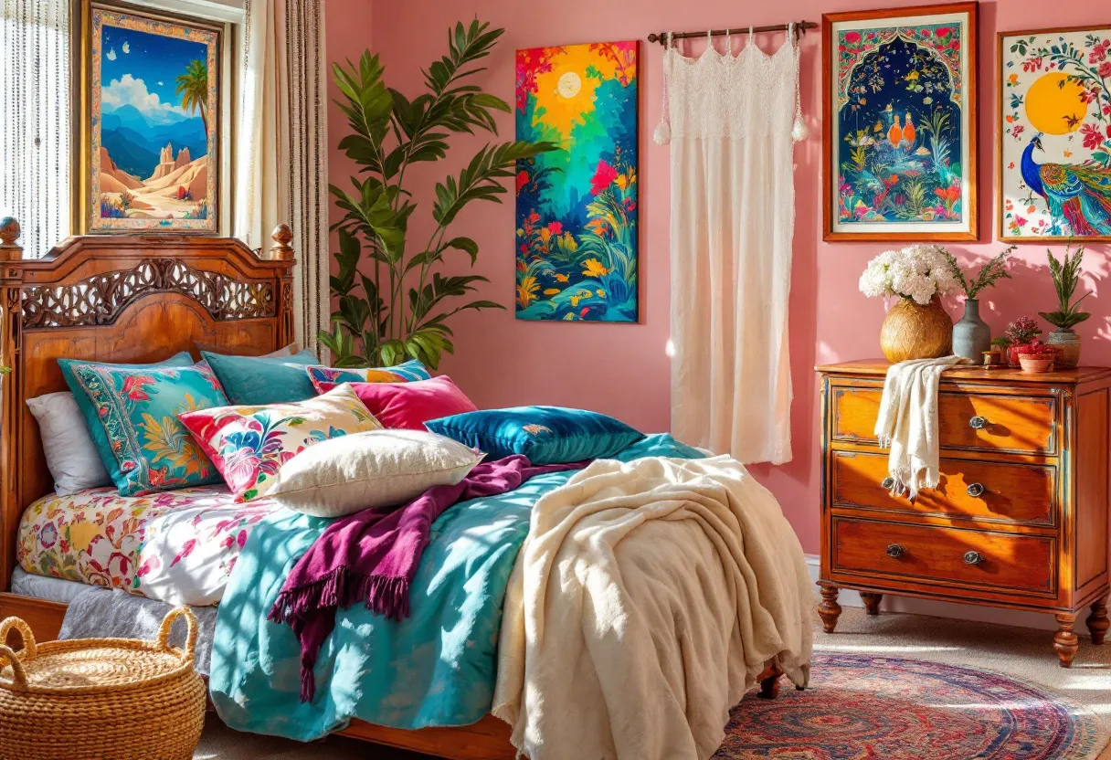 This boho bedroom exudes vibrant charm and eclectic style, with an array of bold colors and textures that instantly catch the eye. The walls are painted a soft pink, providing a warm and inviting backdrop for the artwork and décor. The bed is adorned with a colorful collection of pillows, featuring various patterns and rich hues like teal, magenta, and cream, which add to the cozy, layered aesthetic. The bedspread showcases a floral design, enhancing the room's bohemian flair. 

Artwork on the walls further amplifies the bohemian vibe, with pieces that feature bright colors and intricate designs, creating a playful and dynamic atmosphere. A draped white curtain adds a touch of softness, contrasting with the vibrant artwork. The wooden dresser, adorned with potted plants and a vase of fresh flowers, brings in a natural element. This combination of colors, textures, and natural accents highlights the free-spirited and artistic essence of boho design, creating a lively yet relaxing space.