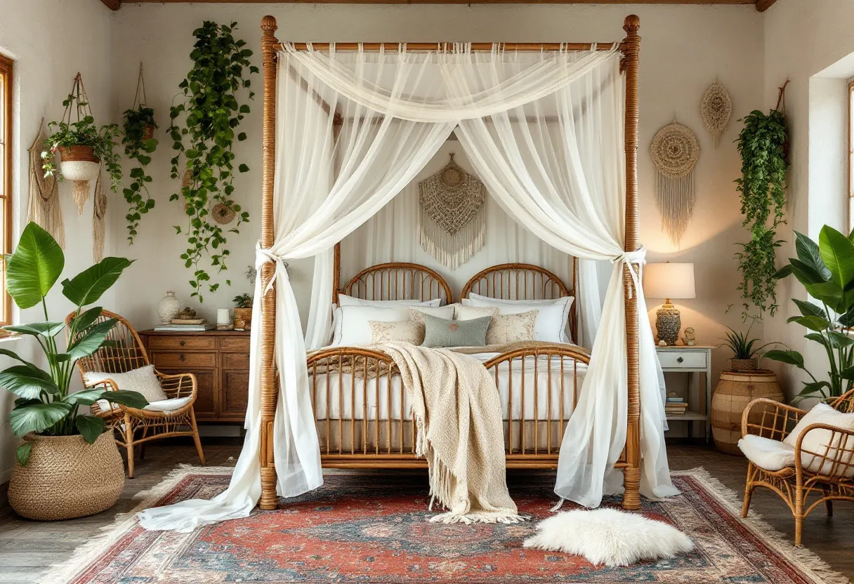 This boho bedroom exudes a tranquil and earthy ambiance with its harmonious blend of natural elements and soft textures. The focal point is a stunning canopy bed made of natural wood, adorned with sheer white drapes that bring an ethereal touch to the space. The bed is layered with an assortment of plush pillows in neutral tones and a cozy, textured throw blanket, enhancing the inviting atmosphere. A richly patterned rug adds depth with its warm colors, anchoring the room and providing a perfect contrast to the light, airy elements.

Surrounding the bed are various elements that contribute to the boho charm. Lush green plants in woven baskets are placed strategically around the room, introducing lively pops of color and a sense of freshness. The walls are subtly decorated with macramé wall hangings, enhancing the room’s bohemian aesthetic. Natural light filters in through large windows, illuminating the space and highlighting the intricate details of the décor. A combination of wooden furniture, including a side table and chairs, complements the overall design, creating a cozy haven that feels both chic and serene.