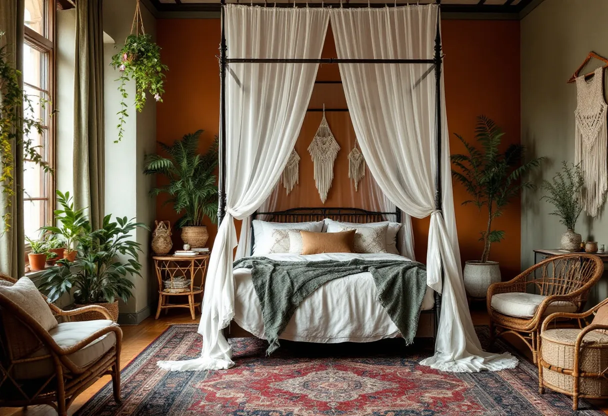 This boho bedroom exudes a warm and inviting atmosphere, characterized by its rich, earthy tones and abundance of natural elements. The focal point is a cozy bed adorned with layered textiles, including a plush white duvet and a deep green throw. Above the bed, sheer white curtains are elegantly draped from a four-poster frame, creating a sense of intimacy and softness. The warm, burnt orange accent wall serves as a beautiful backdrop, complemented by hanging macramé art pieces that add texture and a personal touch.

The room is filled with lush greenery, featuring various potted plants that bring a touch of nature indoors, enhancing the bohemian aesthetic. Natural wicker furniture, including a couple of chairs and a side table, adds an organic vibe, while a patterned area rug anchors the space with its intricate design. The large window allows ample natural light to flood in, further enriching the room’s bohemian charm. Together, these elements combine to create a serene and harmonious retreat, perfectly embodying the boho style's eclectic yet cohesive appeal.