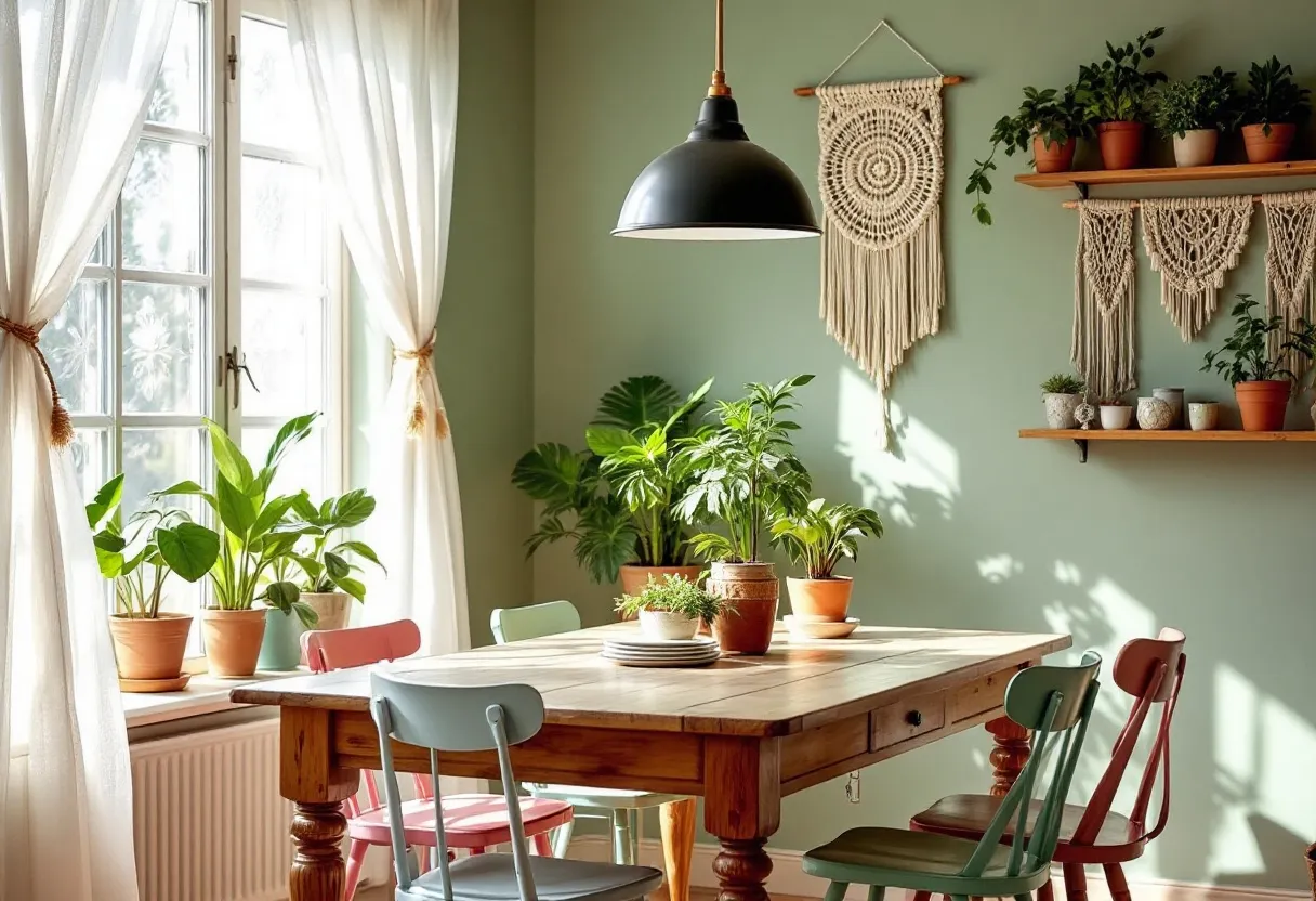 This boho kitchen exudes a warm and inviting atmosphere, characterized by its eclectic mix of colors and textures. The space is anchored by a sturdy wooden table surrounded by mismatched chairs in pastel shades, adding a playful touch. Large windows allow natural light to flood the room, highlighting the lush green plants that are strategically placed around the kitchen. These elements contribute to a vibrant, yet relaxed vibe, making it a perfect spot for both gatherings and quiet mornings.

The walls are painted in a soft green hue, creating a serene backdrop for the decorative features. Macramé wall hangings add a touch of artisanal charm, enhancing the bohemian theme. A set of wooden shelves displays a variety of potted plants, bringing a sense of nature indoors. The use of natural materials and earthy tones throughout the space ties everything together, emphasizing comfort and creativity in this beautifully curated kitchen.