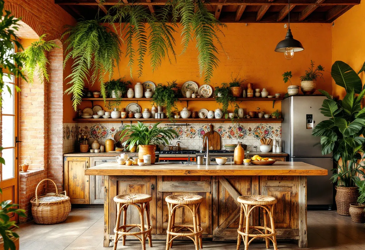 This boho kitchen exudes warmth and charm, characterized by its vibrant orange walls and abundant greenery. The rustic wooden elements, including an island and shelves, contribute to an earthy, natural feel. Hanging ferns and potted plants scattered throughout the space create a lush, inviting environment. The kitchen counter features a mix of ceramics and wooden utensils, adding to the eclectic and homey atmosphere typical of bohemian aesthetics.

The open shelving displays an array of decorative plates and jars, which add texture and visual interest against the warm backdrop. A colorful, patterned tile backsplash injects an artistic touch, enhancing the kitchen's unique character. The wicker bar stools and woven basket complement the organic materials used throughout, emphasizing an effortless blend of style and functionality. Altogether, the space feels welcoming and lived-in, perfect for casual gatherings and creative cooking endeavors.