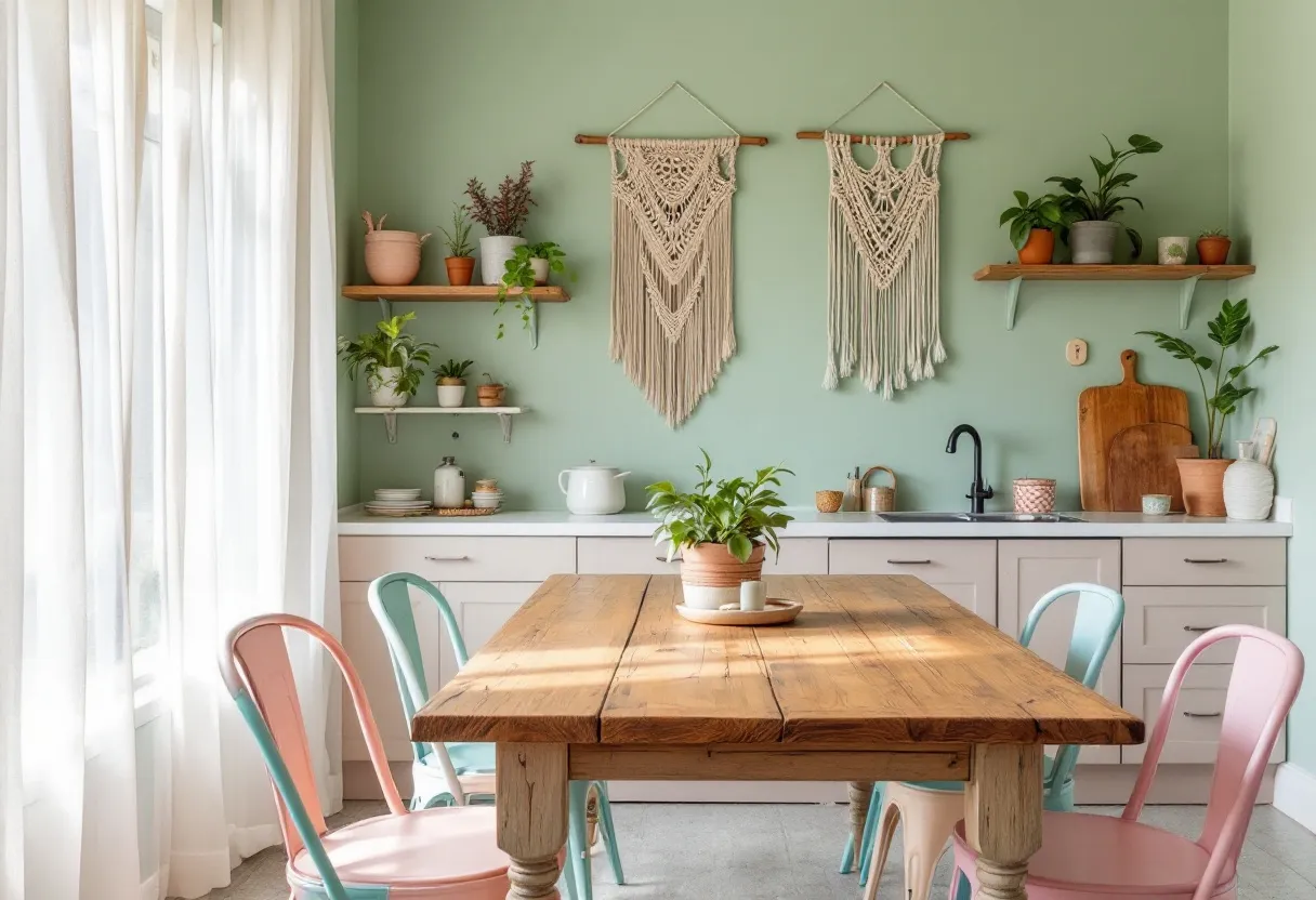 This boho kitchen exudes a warm and inviting atmosphere with its soft, earthy tones and eclectic decor. The walls are painted in a soothing sage green, providing a calming backdrop to the various elements within the space. Hanging on the wall are two intricate macramé artworks, adding texture and a handcrafted touch that is quintessential to bohemian style. The open shelves are neatly adorned with an assortment of potted plants and ceramics, bringing a natural and organic feel to the room.

The wooden dining table, with its rustic charm, serves as the central gathering point, surrounded by mismatched pastel-colored chairs that add a playful element to the setting. Natural light floods the kitchen through sheer, flowing curtains, enhancing the airy and open ambiance. The plants scattered around the space not only contribute to the aesthetic but also bring life and freshness into the area, creating a harmonious blend of style and comfort.