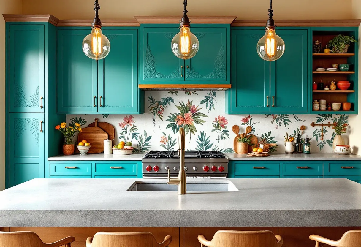 This boho kitchen exudes a vibrant and eclectic charm through its use of bold turquoise cabinetry, which sets the stage for a creative and lively atmosphere. The cabinets have a distinctive design with intricate patterns that capture the bohemian essence. The color choice harmonizes beautifully with the playful floral backsplash, adding a splash of nature-inspired energy to the space. The floral motifs in the backsplash enrich the visual tapestry, contributing to the kitchen's dynamic and welcoming feel.

The kitchen also features open shelving, displaying an assortment of colorful dishes and plants, which enhances its eclectic vibe. The earthy tones of wooden accents, including cutting boards and utensils, complement the overall aesthetic, bringing a touch of warmth and organic texture. The trio of pendant lights with their Edison bulbs adds an industrial touch, balancing the natural elements and ensuring that the kitchen feels both modern and artisanal. Overall, this boho kitchen creates an inviting environment where creativity and comfort effortlessly blend.