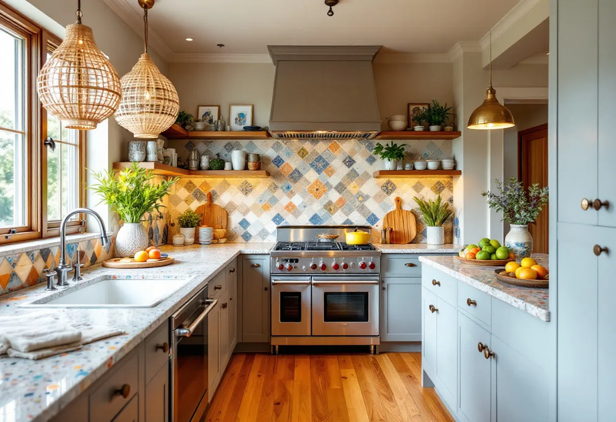 This boho kitchen exudes a warm and earthy charm, highlighted by the eclectic mix of patterns and textures. The backsplash is a vibrant array of multicolored tiles arranged in a diamond pattern, which adds an artistic flair and draws the eye immediately. Open wooden shelves display an array of potted plants and ceramic dishes, creating a harmonious blend of nature and craftsmanship. The prominent use of natural materials, such as the woven rattan pendant lights and wooden elements, further enhances the bohemian aesthetic, offering both style and coziness to the space.

The countertops, with their speckled granite design, seamlessly complement the subdued gray cabinetry, creating a balanced and cohesive look. A large window allows plenty of natural light to flood the kitchen, illuminating the fresh fruits and lush greenery that are thoughtfully placed throughout. The wood flooring contributes to the warm atmosphere, while the stainless steel stove and fixtures add a modern touch, striking a perfect harmony between rustic and contemporary elements in this inviting boho kitchen.