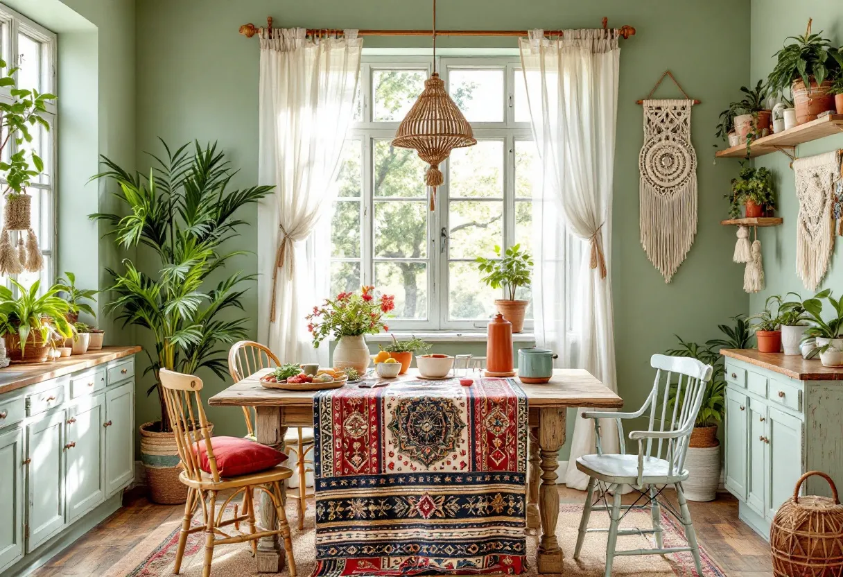 This boho kitchen exudes a warm and inviting atmosphere with its eclectic mix of textures and colors. The use of natural materials, such as the woven light fixture and the wooden furniture, adds an earthy and organic feel to the space. The table is adorned with a vibrant, patterned table runner that incorporates deep reds and blues, further enhancing the bohemian aesthetic. The presence of various plants in terracotta pots around the kitchen brings in an element of nature, adding a fresh and lively touch to the room.

The soft green walls provide a calming backdrop that complements the overall decor. Sheer white curtains allow ample natural light to filter in, creating a serene and airy environment. The wall art, featuring a macramé hanging, contributes to the artistic flair characteristic of boho style. The combination of different chair designs around the rustic table highlights the eclectic nature of the space, ensuring it feels both comfortable and stylish.