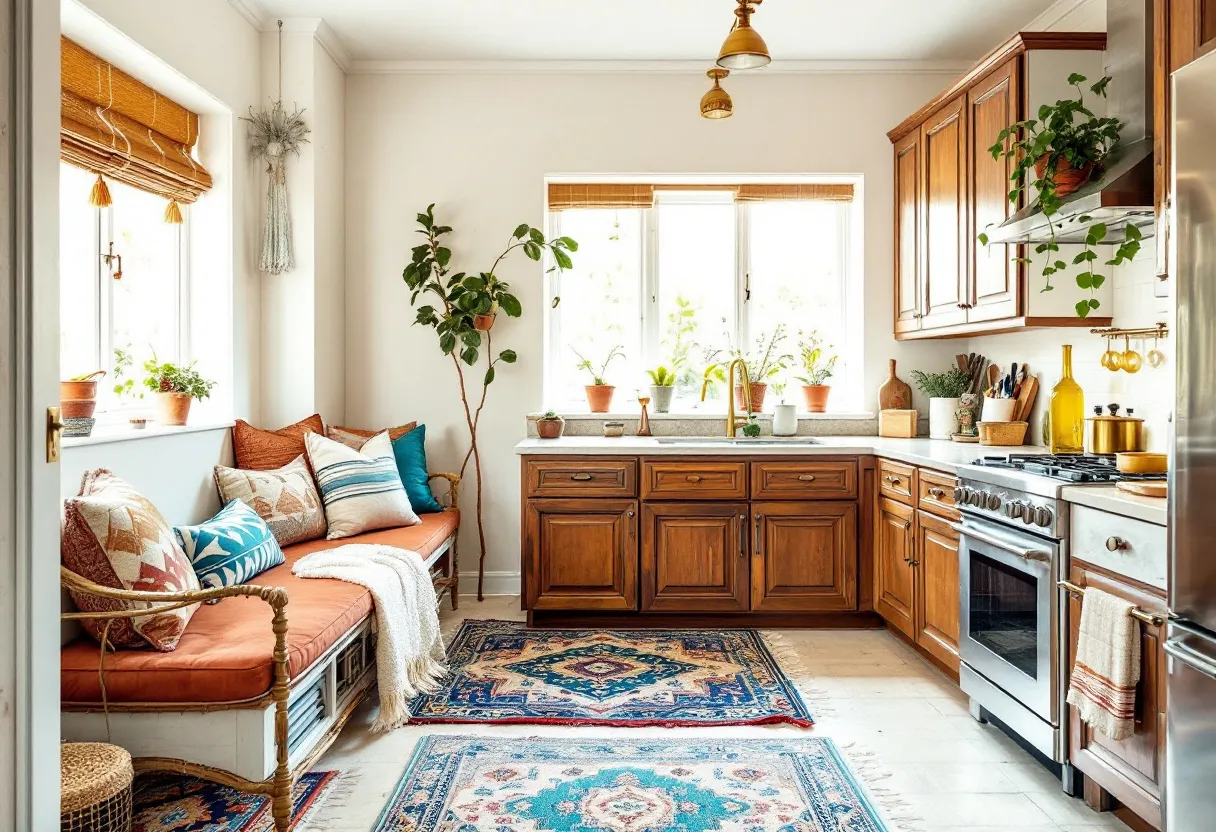 This boho kitchen exudes warmth and eclectic charm. The wooden cabinetry and stainless steel appliances create a harmonious blend of rustic and modern elements. A cluster of potted plants on the countertop and windowsill introduces a fresh, natural touch, enhancing the earthy feel of the space. The window, framed by bamboo blinds, allows ample natural light to flood the room, highlighting the cozy, colorful textiles and intricate patterns that define the bohemian aesthetic.

The inviting seating area is adorned with an array of cushions in various textures and patterns, creating a cozy nook perfect for relaxation. The vibrant area rugs further emphasize the boho vibe, with their bold designs and rich colors adding visual interest to the light-toned flooring. This combination of elements makes the kitchen a welcoming and lively space, where functionality meets artistic expression.