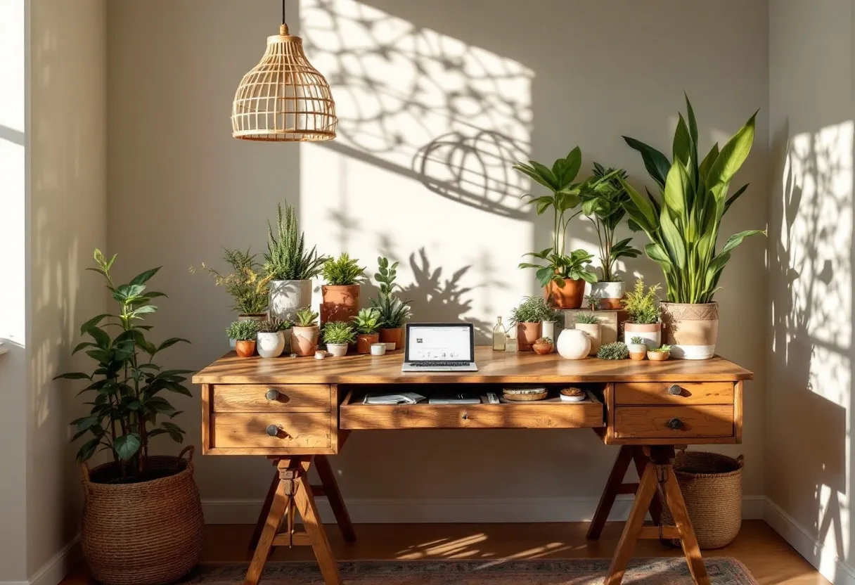 This boho office beautifully captures a serene and earthy atmosphere, anchored by the warmth of a natural wooden desk. The tabletop is adorned with a lush array of plants in diverse pots, blending various shades of green, creating a vibrant indoor garden. The potted plants, ranging from tall leafy ones to small succulents, introduce a calming element of nature. The woven pendant light overhead casts intricate shadows reminiscent of a cozy retreat, perfectly complementing the bohemian aesthetic.

The soft, muted wall color enhances the relaxed and inviting ambiance, while the sunlight streaming in provides a lively yet tranquil workspace. The wicker basket planter adds texture, contributing to the overall organic feel of the space. This combination of functional simplicity and natural beauty creates an ideal environment for creativity and concentration, making it a perfect bohemian sanctuary for work or study.