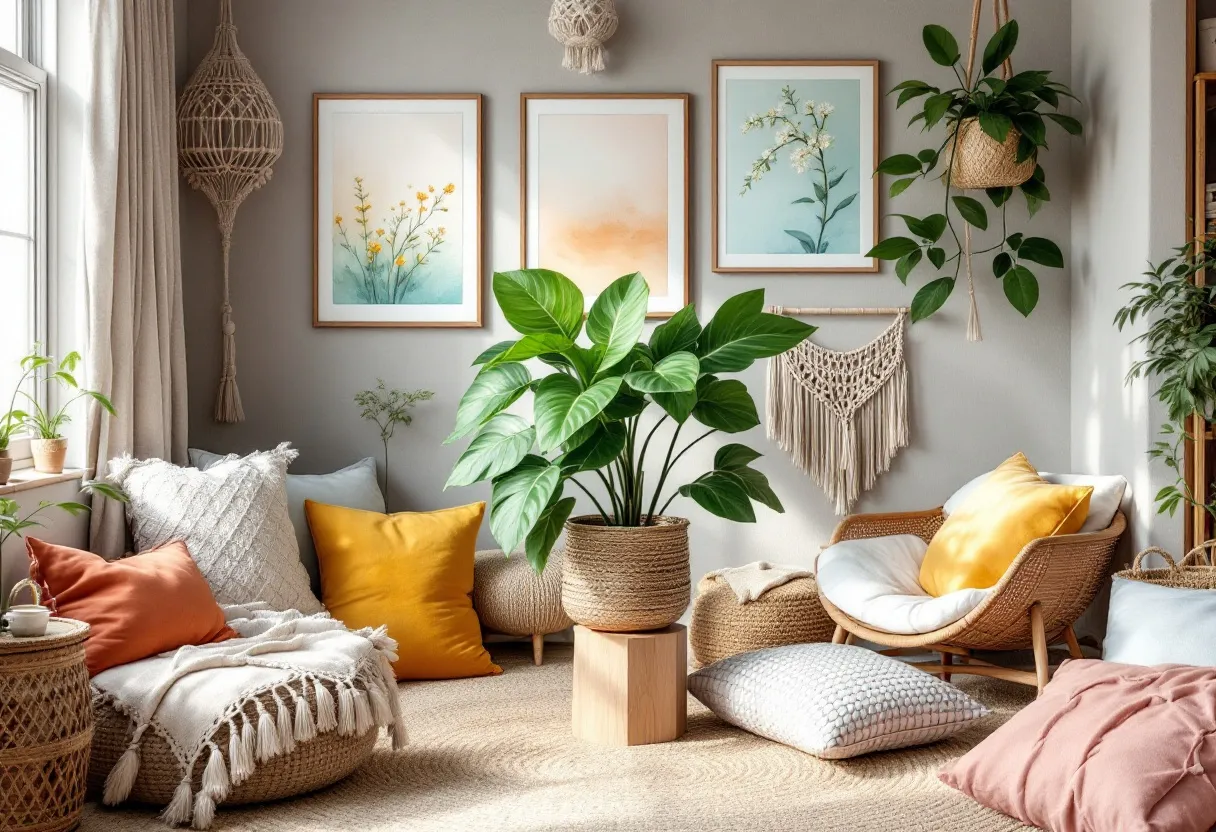 This boho office exudes a cozy and inviting atmosphere, characterized by neutral tones and an abundance of natural materials. The space features a harmonious blend of textures, from the woven baskets to the soft, plush cushions scattered throughout. A large, vibrant green plant takes center stage, adding a touch of nature that complements the organic theme. The walls are adorned with framed botanical artwork and a macramé wall hanging, enhancing the bohemian aesthetic and bringing a sense of tranquility to the space.

Natural light pours in through a window, highlighting the rattan furniture and soft textiles. The seating area is designed for comfort, with oversized pillows and throws creating an ideal nook for relaxation or casual meetings. The combination of warm hues, such as mustard and terracotta, adds subtle pops of color against the neutral backdrop, creating a balanced and serene environment. Overall, this boho office offers a perfect blend of style and comfort, making it an ideal space for creative work or leisurely reflection.