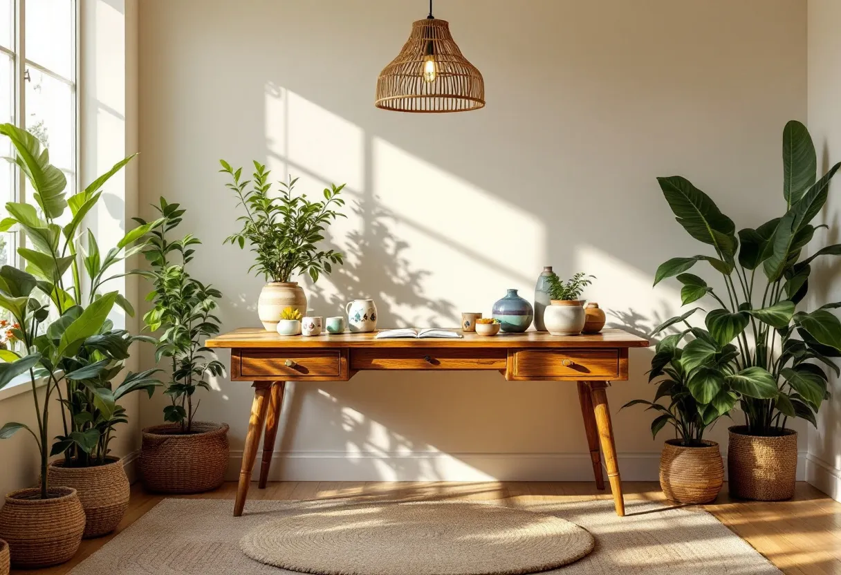 This boho office exudes a warm and inviting atmosphere, heavily inspired by natural elements and a sense of relaxed elegance. The room is anchored by a wooden desk with simple, clean lines, adding to the organic feel of the space. Adorning the desk are various ceramic pots and planters, each filled with lush greenery that brings the outside in, contributing to the serene ambiance. The array of textures and colors in the pottery adds a touch of artistry and craftsmanship, highlighting the bohemian aesthetic's appreciation for unique and handmade items.

Natural light floods the room, accentuated by the large windows, emphasizing the office's bright and airy quality. The woven rattan pendant light hanging from the ceiling complements the jute baskets and round rug on the hardwood floor, reinforcing the theme of natural materials. Various indoor plants are strategically placed around the room, not only promoting relaxation and creativity but also enhancing the environmental texture and depth. Overall, the office strikes a perfect balance between utility and comfort, making it an ideal space for productivity and inspiration.