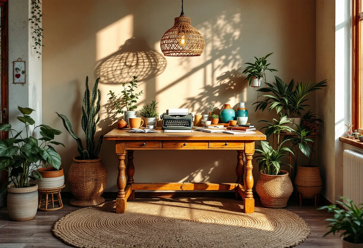 This boho office exudes a warm and inviting atmosphere, characterized by a rich blend of textures and natural elements. The centerpiece is a sturdy wooden desk that showcases intricate craftsmanship, which is complemented by a variety of natural decor items. The room is filled with lush greenery, as potted plants are strategically placed around the space, enhancing the earthy vibe. Each plant rests in an artisanal pot, contributing to the bohemian aesthetic and adding layers of organic texture to the room.

The lighting in the office further underscores its bohemian charm. A woven rattan pendant lamp hangs above the desk, casting a warm, ambient glow that highlights the space’s cozy feel. Sunlight filters through a large window, creating playful shadows across the floor, which is covered by a circular woven rug. This combination of natural light and earthy decor transforms the office into a serene and inspiring work environment.