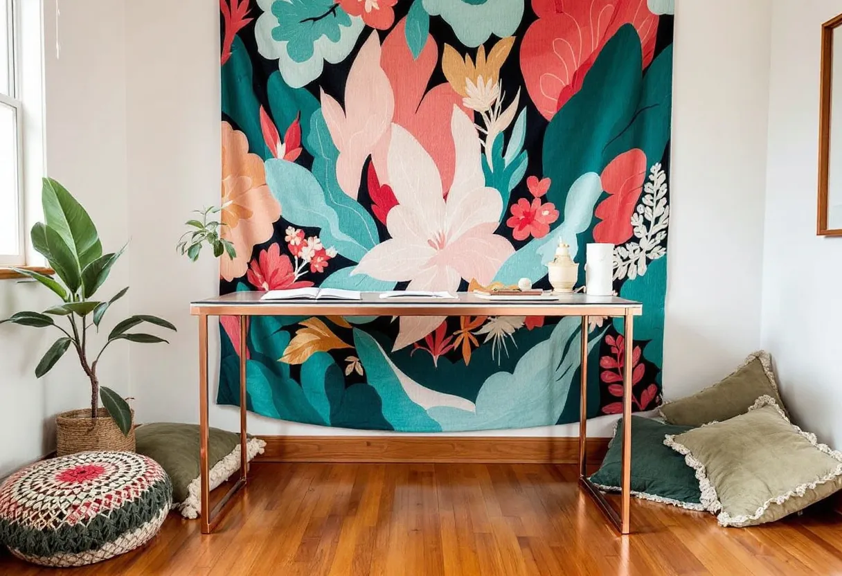 This boho office exudes a vibrant and eclectic charm that is both inviting and inspiring. The focal point is the large, colorful tapestry adorned with bold floral patterns in shades of teal, pink, and coral, bringing a sense of liveliness and creativity to the space. The tapestry acts as a striking backdrop, complementing the office’s aesthetic with its rich and varied hues. The wooden floor adds warmth to the ambiance, enhancing the overall cozy and welcoming feel of the room.

The office is furnished with a sleek, minimalist desk that ties in well with the bohemian theme through its simple design. On the desk, there are a few carefully placed decorative items and a partially open book, suggesting this is a space where creativity and work coexist. Cushions with earthy tones and texture are arranged on the floor, providing a casual seating option that aligns perfectly with the free-spirited boho style. A leafy green plant in a woven pot adds a touch of nature, infusing the area with freshness and life.