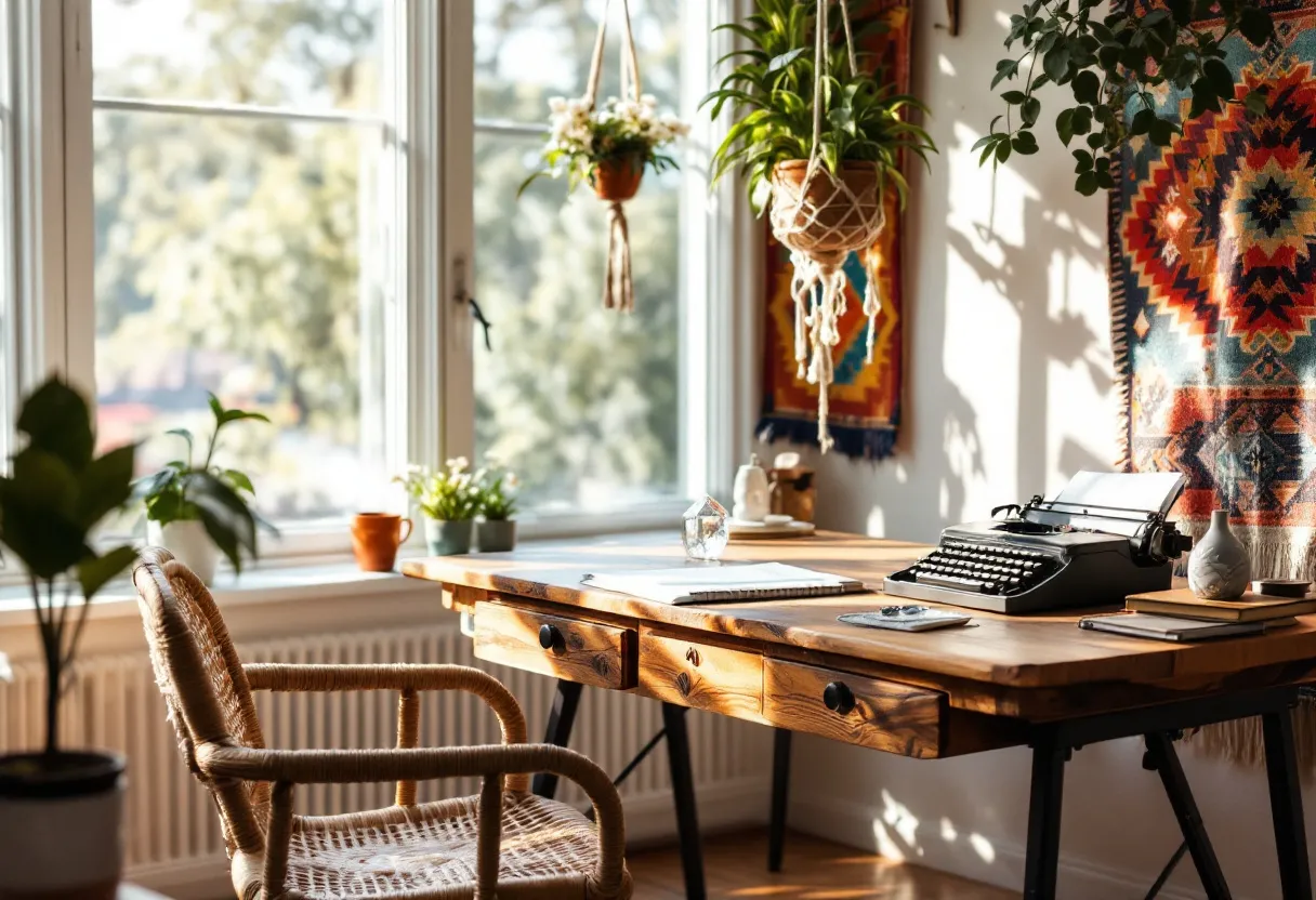 This boho office exudes a natural and eclectic charm, characterized by its abundant use of wood and plant life. A vintage wooden desk serves as the focal point, bearing a typewriter that adds a touch of nostalgia. The desk is adorned with various personal accessories such as books and glassware, suggesting a blend of functionality and aesthetic interest. Surrounding the desk, woven elements like the chair reflect a seamless integration of textures, enhancing the bohemian vibe that promotes creativity and relaxation.

Abundant natural light streams in from large windows, highlighting a colorful tapestry on the wall, which features bold geometric patterns and vibrant colors. This tapestry not only serves as an artistic backdrop but also complements the hanging plants that infuse the space with life and a sense of tranquility. The combination of these elements creates an inviting workspace that feels both lively and soothing, ideal for fostering creative thought and productivity.