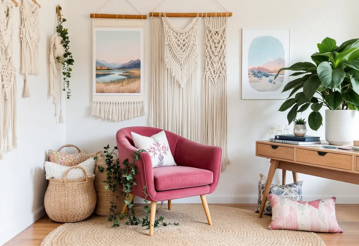 This boho office is a harmonious blend of natural textures and relaxed vibes, creating a welcoming and stylish work environment. The space is anchored by a cozy pink armchair, which adds a pop of color and serves as a focal point. Surrounding the chair are intricate macrame wall hangings that bring a sense of handcrafted artistry to the room. The layered textures in the wall decor, complemented by soft pastel hues in the artwork, enhance the bohemian aesthetic, bringing warmth and earthiness to the space.

The office also features a beautiful wooden desk adorned with decorative elements, including books and a large leafy plant, which introduces a touch of nature. The woven baskets filled with patterned cushions add to the casual and comfortable feel, as well as offering practical storage solutions. The circular woven rug under the chair ties the space together, emphasizing the natural materials and soft color palette that define this inviting boho office.