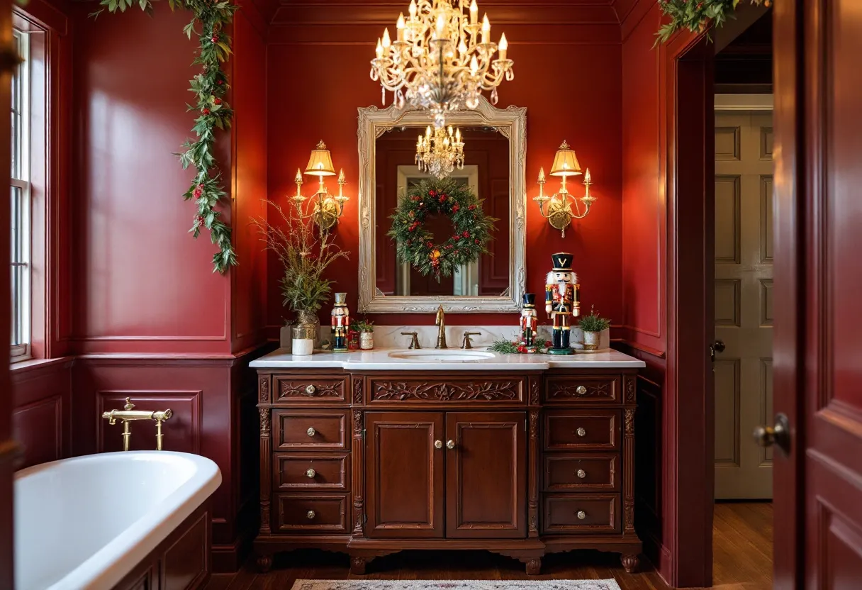 This Christmas bathroom exudes a classic and festive charm, enveloped in rich, deep red walls that create a warm and inviting atmosphere. The centerpiece of the room is a grand, elegantly framed mirror, adorned with a lush wreath that captures the essence of the holiday season. Flanking the mirror are two ornate wall sconces, each casting a soft, cozy glow that accentuates the room's festive decor. The detailed cabinetry below the sink is a rich wood, intricately carved to add a touch of traditional elegance.

Decorative elements abound, with greenery and garlands artistically draped to enhance the holiday spirit. A pair of nutcracker figurines stand proudly atop the countertop, adding a whimsical yet sophisticated touch. The chandelier overhead adds a layer of opulence, its sparkling crystals reflecting the ambient light throughout the space. This bathroom not only provides functionality but also acts as a festive retreat, capturing the warmth and joy of the Christmas season.