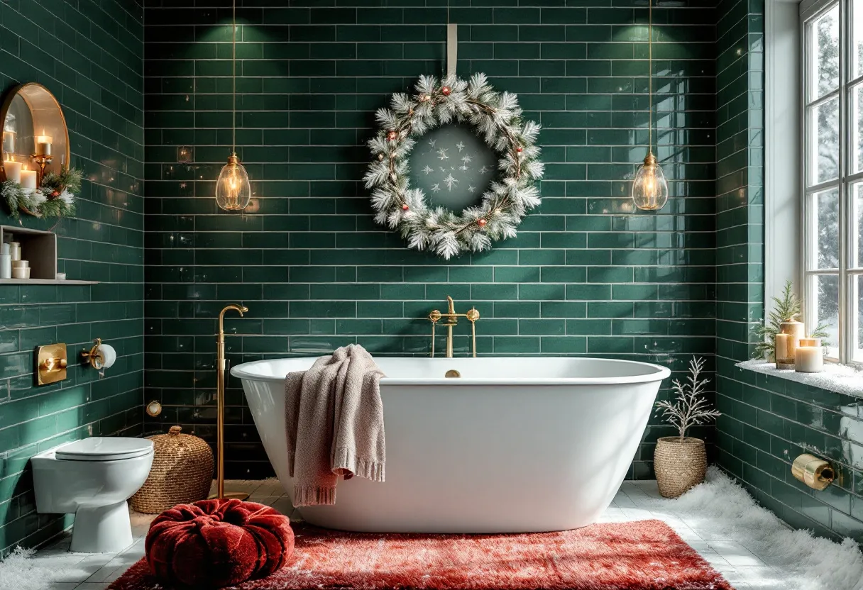 This Christmas bathroom exudes a warm and festive atmosphere, characterized by rich, dark green subway tiles that create a serene backdrop. The elegant, freestanding white bathtub becomes the centerpiece, adorned with a cozy, draped towel. Above the tub, a lavishly decorated Christmas wreath with frosted pine elements adds a seasonal charm. The soft, ambient light from two pendant bulbs gently illuminates the space, enhancing the cozy and inviting feel.

The design further incorporates holiday elements with subtle elegance. A plush red rug lies in front of the tub, adding a pop of color that complements the overall festive theme. Candles placed on the windowsill cast a warm glow, harmonizing with the snowy view outside, while a small evergreen tree in a wicker basket enhances the natural and cozy ambiance. This bathroom seamlessly combines function and holiday spirit, providing a perfect retreat for relaxation during the Christmas season.