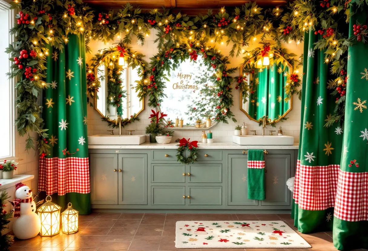 This Christmas bathroom exudes a festive holiday spirit with its lush green and red decorations. The space is adorned with abundant greenery, featuring garlands that frame the mirrors and are interwoven with twinkling fairy lights. These elements create a warm and inviting atmosphere. The bathroom’s predominant colors, green and red, are classic holiday hues that evoke a sense of joy and merriment. The decorative curtains, embellished with snowflake patterns and a checkered border, add a playful yet elegant touch to the overall design.

The vanity area is beautifully accented with seasonal decor, including a whimsical wreath hanging on the cabinet. Small touches, like the strategically placed poinsettias and holiday-themed hand towels, further enhance the festive theme. An endearing snowman decoration sits atop the tiled floor, adding a whimsical element to the scene. Illuminated lanterns softly light up the floor, contributing warmth and charm to the space. A cozy festive rug completes the look, ensuring that every detail aligns with the Christmas theme, making the bathroom a delightful extension of the holiday celebration.