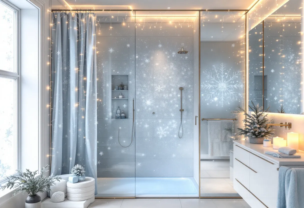 This Christmas bathroom exudes a festive and serene ambiance, beautifully blending holiday cheer with everyday functionality. The frosted glass and shower area are adorned with subtle snowflake patterns, offering a wintry touch that complements the holiday theme. Twinkling fairy lights border the shower and mirror, creating a warm, inviting glow that softens the clean, modern design of the space. The gentle illumination enhances the reflective surfaces, adding depth and a sense of coziness, reminiscent of a winter wonderland.

The decor is tastefully accented with small yet striking elements, such as a miniature Christmas tree and elegantly placed candles on the counter. The tree enhances the seasonal theme, while the lighting from the candles further contributes to the bathroom’s tranquil atmosphere. Plush towels, neatly arranged, add to the room's comfort and practicality. Overall, this Christmas bathroom merges festive decorations with a soothing aesthetic, offering a perfect retreat for the holiday season.