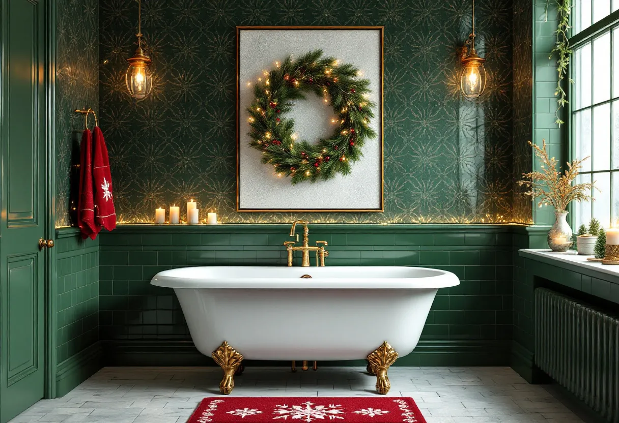 This Christmas bathroom exudes a warm and festive atmosphere, with rich green tiles and walls adorned in a subtle leaf pattern, evoking the essence of a winter forest. The focal point is a large, beautifully lit wreath hanging above the freestanding bathtub, adding a touch of holiday cheer with its twinkling lights and lush greenery. The room is illuminated by elegant pendant lights on either side of the wreath, casting a soft glow that enhances the cozy ambiance.

The bathroom also features thoughtful decorative elements that enhance its Christmas theme. Red towels with a white snowflake pattern hang on the side, complementing the decorative red mat on the floor, which also sports a festive design. A collection of candles placed on the ledge adds warmth and flickering light, creating a serene environment perfect for relaxation. The inclusion of a vase with golden branches and small evergreen details on the windowsill further ties the space into its holiday motif, making this bathroom a perfect retreat for the season.