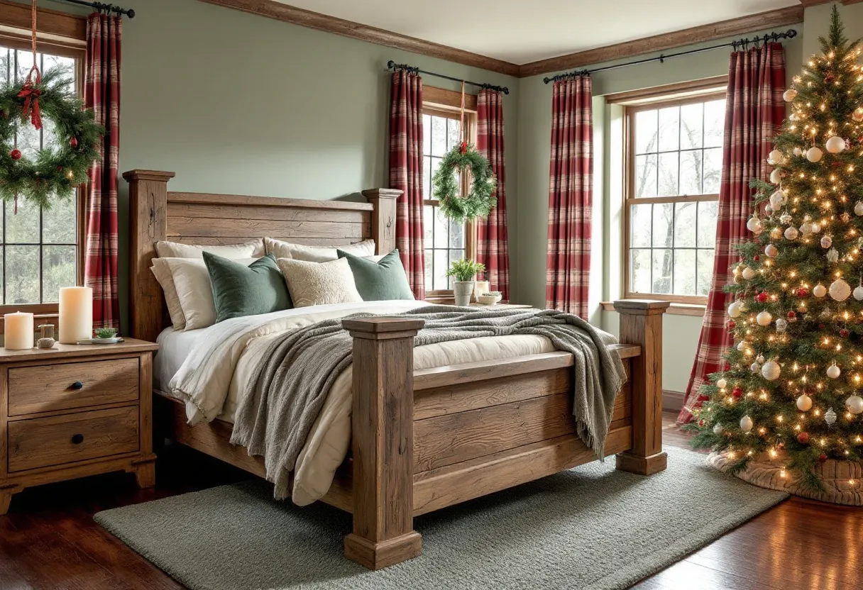 This Christmas bedroom exudes warmth and coziness with its rustic charm and festive decor. The centerpiece is a sturdy wooden bed adorned with plush pillows and layered blankets in soft, neutral tones, creating a welcoming and comforting atmosphere. The bedside table holds a few candles, adding a soft and flickering light that enhances the room's cozy ambiance. The overall color palette is harmonious and soothing, with muted greens complementing the earthy wood tones beautifully.

The windows are dressed with red and white plaid curtains that contribute to the festive spirit, while evergreen wreaths hang above, adding a touch of traditional holiday charm. A beautifully decorated Christmas tree stands proudly in the corner, lit with warm lights and adorned with an array of ornaments that reflect the room’s elegant style. Together, these elements create an inviting retreat that captures the essence of a homely and joyful Christmas season.