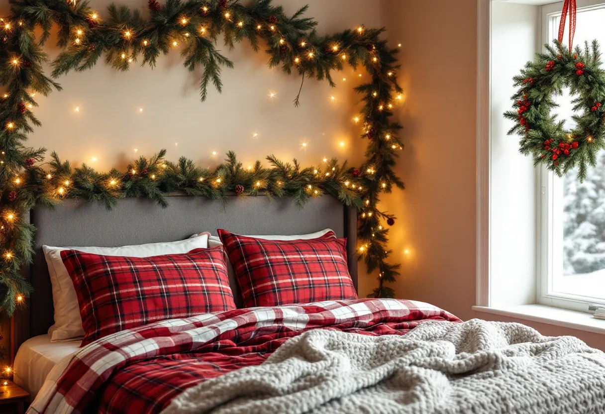 This Christmas bedroom exudes warmth and festive cheer with its cozy and inviting decor. The bed is adorned with red and black plaid pillows and matching bedding, adding a classic holiday touch that evokes a sense of nostalgia. Surrounding the bed is a lush garland of evergreen branches, artfully draped and illuminated with soft, warm fairy lights. This enhances the room's coziness and creates a magical ambiance reminiscent of a winter wonderland.

The window showcases a beautiful wreath decorated with vibrant red berries, sitting against the backdrop of a snowy scene outside. This festive detail adds to the room's Christmas spirit, enhancing the seasonal theme. The neutral walls and soft lighting complement the vibrant colors of the decorations, creating a harmonious and serene atmosphere perfect for enjoying a peaceful holiday retreat.