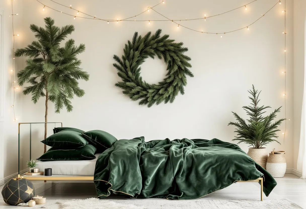 This Christmas bedroom exudes a cozy and festive atmosphere, perfect for the holiday season. The focal point is a lush green wreath on the wall, its rich color complemented by strings of delicate fairy lights that add a warm glow to the room. These lights drape gracefully across the walls, creating an inviting and magical ambiance. The bedding echoes this festive spirit with dark green velvet sheets and pillows, exuding luxury and comfort.

In the corner of the room, a potted pine tree adds a touch of nature, bringing the essence of a winter forest inside. The tree's subtle presence is enhanced by nearby natural woven baskets, adding texture and warmth to the space. The simple yet effective color palette of green and neutral tones, along with the natural materials, makes this bedroom a serene and stylish retreat during the Christmas season.