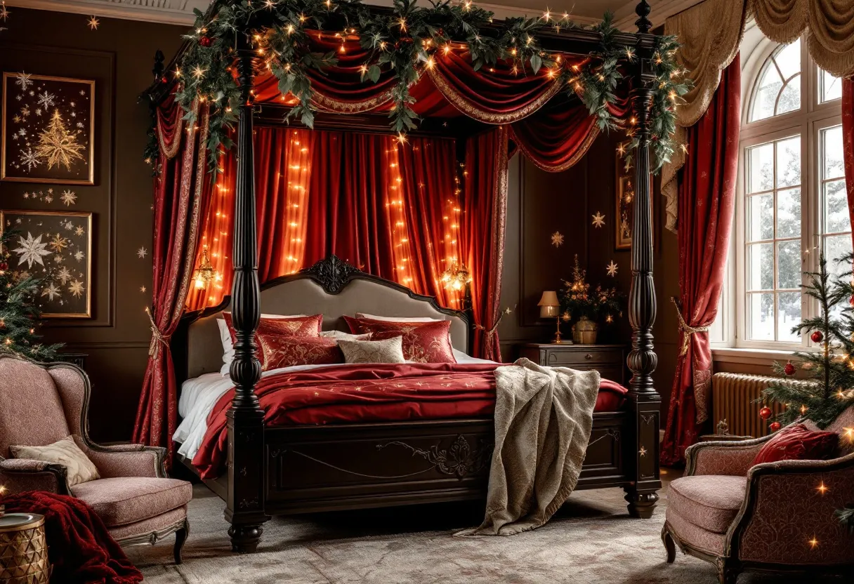 This christmas bedroom exudes warmth and festivity with its rich, elegant decor. The centerpiece is a grand four-poster bed adorned with plush red bedding and an inviting array of textured cushions. Draped above, lush red curtains intertwined with twinkling string lights and evergreen garlands bring a touch of grandeur and seasonal cheer. The rich wood tones of the furniture complement the vibrant red hues, creating a cozy and luxurious atmosphere.

The room is further enhanced by soft lighting and tasteful holiday decorations. Star motifs and festive artwork accent the walls, blending seamlessly with the traditional decor. A beautifully decorated Christmas tree sits by the window, adding a natural and festive touch to the space. The room, bathed in natural light from the large window, captures the serene and magical essence of the holiday season.