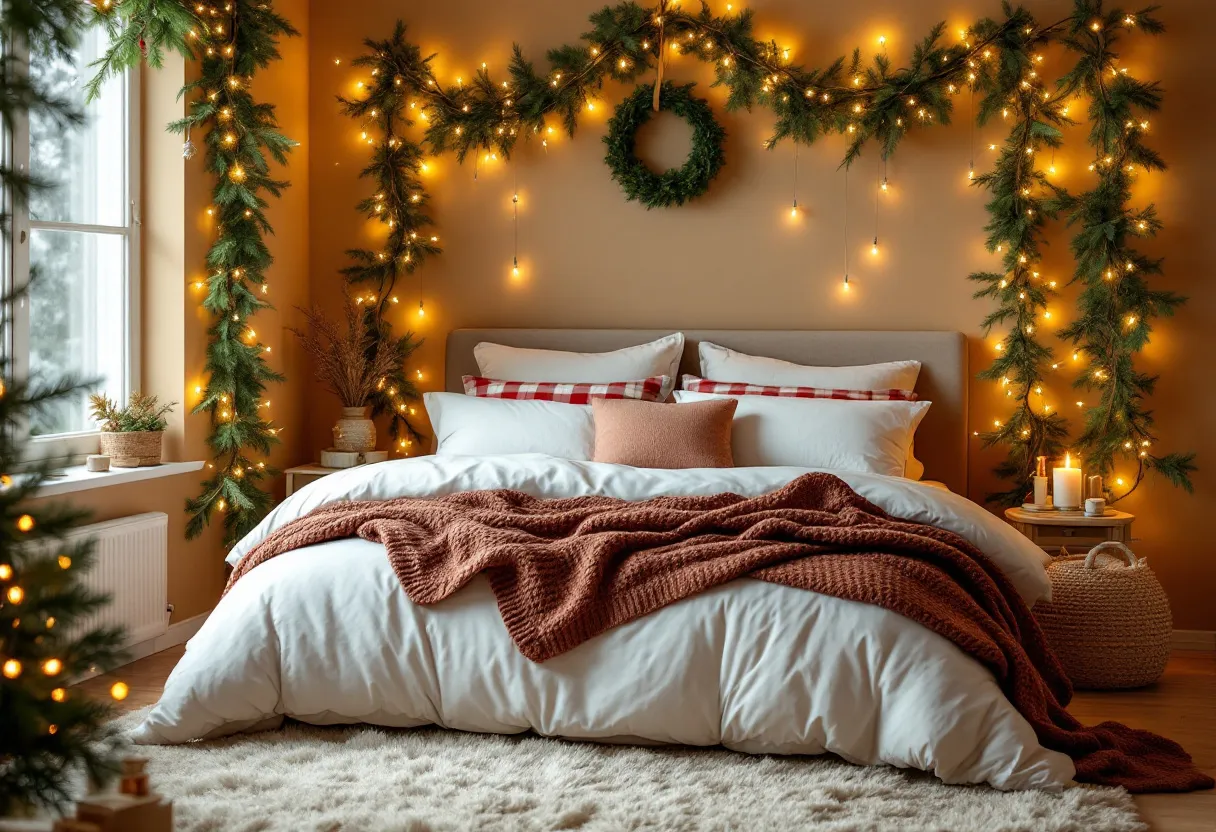 This Christmas bedroom exudes warmth and festive charm, capturing the essence of a cozy holiday retreat. The room is adorned with lush greenery, featuring a garland draped elegantly over the headboard and accented with twinkling string lights that cast a warm, inviting glow. A classic wreath hangs centrally, adding a traditional touch to the décor. The bed is dressed in crisp white linens, complemented by plush pillows in shades of red and white, enhancing the room’s holiday spirit.

The addition of a textured, rust-colored knit throw adds a layer of comfort and warmth, inviting relaxation. Natural elements are thoughtfully incorporated, with a small bouquet of dried grasses on the nightstand, creating a rustic touch. Soft candlelight further enhances the ambiance, providing a serene and tranquil atmosphere. The overall design reflects a harmonious blend of festive elements, creating a delightful space to enjoy the coziness of the holiday season.