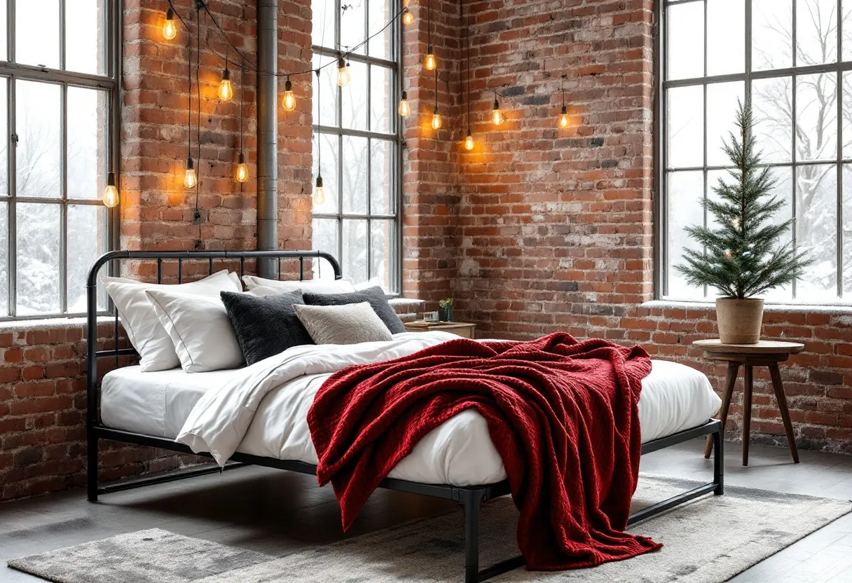 This Christmas bedroom exudes a warm and cozy ambiance, perfect for the festive season. The exposed brick walls provide a rustic charm, enhanced by the soft glow of string lights hanging across the room. The large windows allow natural light to flood in, revealing the serene winter scene outside. The bed, with its minimalist metal frame, acts as the room's centerpiece. It's adorned with crisp white linens and plush accent pillows in shades of gray and charcoal, creating a serene and inviting atmosphere. The striking red throw draped over the bed brings a pop of color, embodying the holiday spirit.

A small Christmas tree sits gracefully on a simple wooden side table next to the bed, adding a touch of holiday cheer. The tree's presence, although understated, complements the room's overall theme, maintaining a balance between simplicity and festivity. The neutral-toned area rug on the floor enhances the room’s coziness, pulling together the various elements harmoniously. This bedroom beautifully captures the essence of a tranquil winter retreat, blending industrial aesthetics with seasonal warmth.