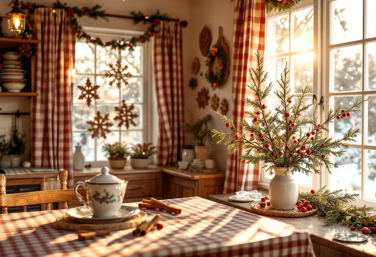 This Christmas kitchen exudes a warm and festive ambiance, bathed in the soft glow of sunlight filtering through frosted windows. The space is adorned with charming red and white gingham curtains that frame the windows, complementing the rustic wooden furniture. A centerpiece of evergreen branches laced with red berries sits prominently on the wooden table, its vibrant colors inviting a sense of holiday cheer. The table is covered with a matching red and white gingham tablecloth, enhancing the cozy, homey atmosphere.

The room is decorated with delightful festive touches, including hanging snowflake ornaments in the windows and a garland draped across the wall. Against a backdrop of walls adorned with decorative wreaths, the kitchen shelves neatly display stacks of crockery, adding to its inviting, lived-in feel. A vintage style teapot and cups with holly motifs rest on the table, ready to serve warm beverages, making the kitchen a perfect setting for a cozy Christmas gathering with family and friends.