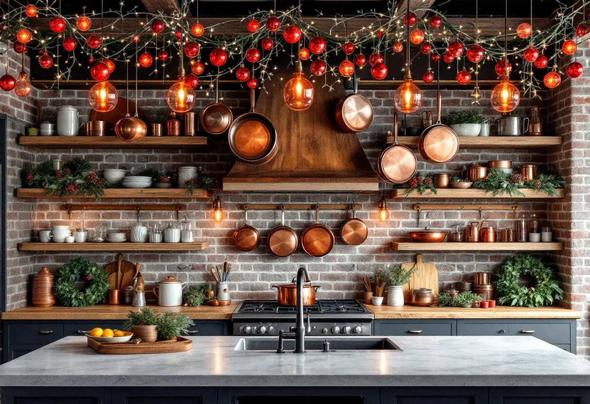 This Christmas kitchen exudes a warm and festive atmosphere, with a brick backsplash providing a rustic backdrop. The kitchen is adorned with an array of red and gold ornaments, which hang from above, interspersed with twinkling string lights that cast a soft, inviting glow. Copper pots and pans are elegantly displayed, enhancing the kitchen's cozy and traditional feel. The shelves are neatly organized with white dishware and copper serving pieces, complemented by green garlands that introduce a touch of natural holiday charm.

The wooden elements in the decor, such as cutting boards and shelving, add warmth and texture, perfectly framing the festive decorations. Wreaths and small potted evergreens are strategically placed, infusing the space with a fresh, seasonal scent. A centerpiece of oranges and greenery rests atop the island, offering a bright pop of color and an inviting, homely touch. Overall, this Christmas kitchen captures the essence of the holiday season, combining traditional elements with festive flair to create a welcoming and joyful environment.