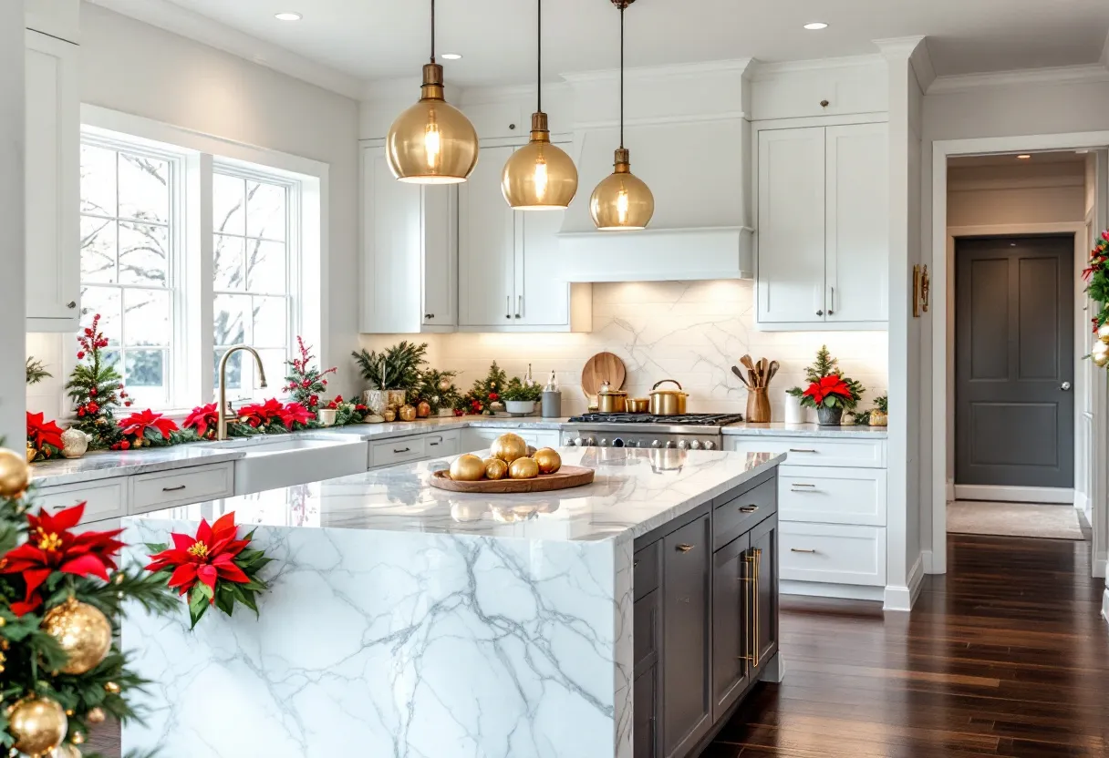 This Christmas kitchen exudes a warm and festive atmosphere, beautifully adorned with seasonal decorations. The countertops and island are elegantly finished in bright, white marble, providing a striking contrast to the rich wooden floors. Gold and red ornaments, paired with traditional evergreen garlands, add a touch of holiday cheer around the space. Poinsettias, also in vibrant red, are strategically placed to enhance the festive feel, creating a harmonious and welcoming environment.

Pendant lights with large, globe-like bulbs hang above the island, casting a warm glow that complements the gold accents throughout the kitchen. The cabinetry, predominantly white, seamlessly integrates with the overall design, offering a clean and modern look. A collection of shining copper pots on the stove and subtle wooden elements add to the cozy ambiance, making this kitchen both functional and inviting for holiday gatherings.