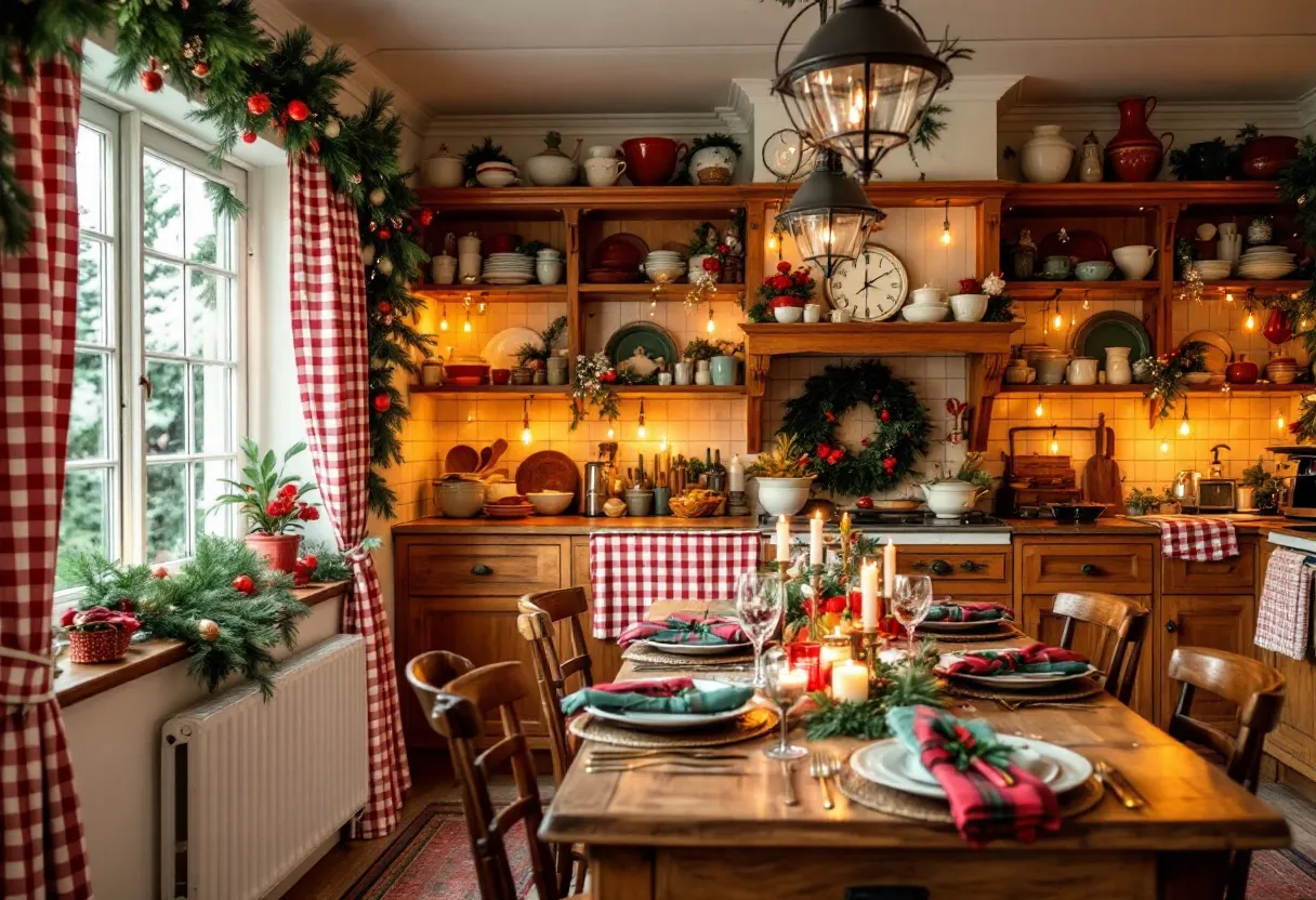 This Christmas kitchen exudes warmth and festive cheer with its traditional and cozy decor. The room is adorned with lush green garlands embellished with red ornaments, bringing a touch of nature inside and creating a classic holiday ambience. The wooden cabinetry and shelves are decked with glowing string lights and vibrant wreaths, adding a festive sparkle that enhances the inviting atmosphere. The open shelves display an array of white and red dishware, which complements the seasonal theme and blends harmoniously with the rustic wooden finish.

In the center, a wooden dining table is beautifully set for a holiday feast. The table setting features plaid napkins in red and green, echoing the colors of the decorations and creating a cohesive look. Candles and sprigs of greenery run along the table, making it a perfect setting for a cozy Christmas dinner. The large windows are dressed in red and white checkered curtains that match the table linens, allowing natural light to illuminate the space and highlight the warm tones. Overall, the kitchen radiates a nostalgic and inviting holiday spirit, ideal for gathering with loved ones.