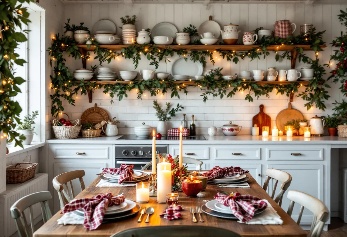 This Christmas kitchen exudes a warm and inviting atmosphere with its festive decor. The walls are adorned with lush greenery intertwined with twinkling fairy lights, creating a cozy and cheerful ambiance. Wooden shelves display an assortment of white and patterned dishes, adding a rustic yet elegant touch. The subtle gleam of ceramic and the earthy tones of woven baskets further enhance the kitchen’s rustic charm. Golden fairy lights cast a gentle glow, highlighting the vibrant greens and creating a sense of warmth and tranquility.

The dining table is beautifully set with neatly arranged tableware featuring plaid napkins, adding a touch of classic holiday spirit. Tall, elegant candles serve as the centerpiece, casting a soft, flickering light that enhances the overall warmth of the room. The use of natural elements, such as wooden cutting boards and sprigs of greenery, emphasizes a connection to nature and a sense of homely comfort. Every detail, from the red and white color scheme to the careful arrangement of decorations, contributes to a festive and inviting atmosphere that embodies the spirit of Christmas.