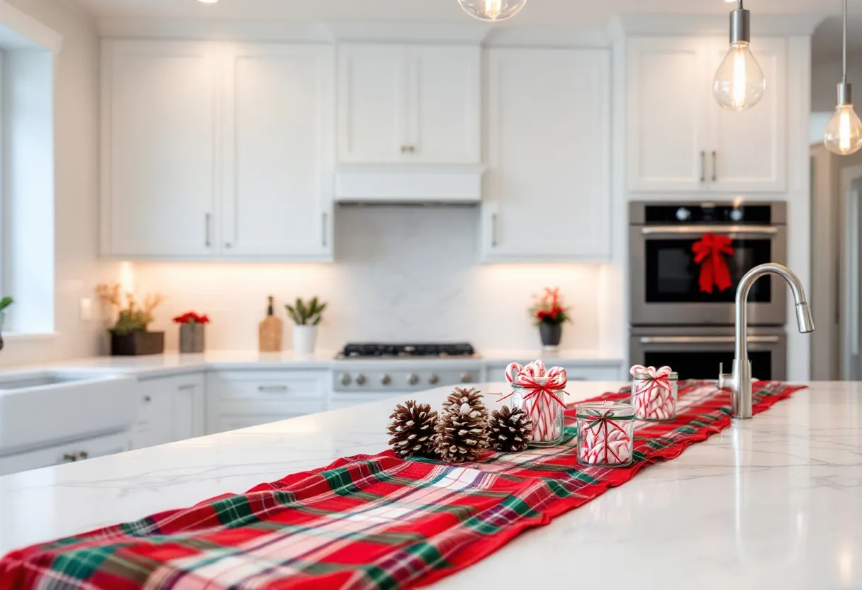 This Christmas kitchen exudes a warm and festive atmosphere, inviting holiday cheer into the heart of the home. The centerpiece is a spacious kitchen island adorned with a red and green plaid runner, adding a touch of traditional Christmas color. Decorative elements such as frosted pinecones and jars filled with peppermint candies enhance the seasonal vibe, creating a cozy and inviting ambiance. The pops of red throughout the decor, from the bows on the candy jars to a vibrant poinsettia plant, tie the space together beautifully.

The white cabinetry and marble countertops provide a clean and elegant backdrop for the festive decorations. Soft, warm lighting under the cabinets highlights the kitchen’s pristine features, while pendant lights above the island add a modern touch. In the background, a double oven is decorated with a large red bow, further embracing the holiday theme. This blend of classic holiday elements with modern kitchen design makes for a truly enchanting environment perfect for Christmas gatherings and family celebrations.